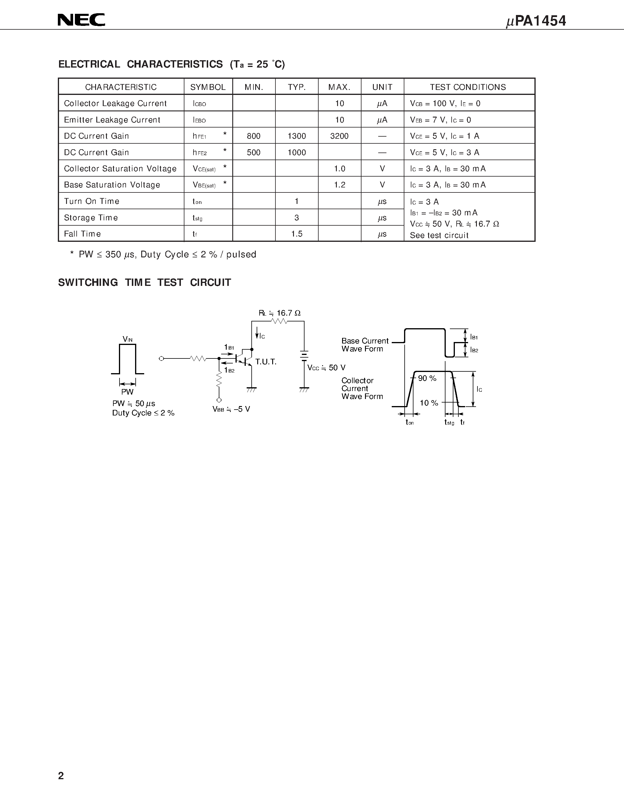 Datasheet UPA1454H page 2 Datasheet UPA1454H - NPN SILICON POWER TRANSISTOR ARRAY LOW SPEED SWITCHING USE INDUSTRIAL USE page 2