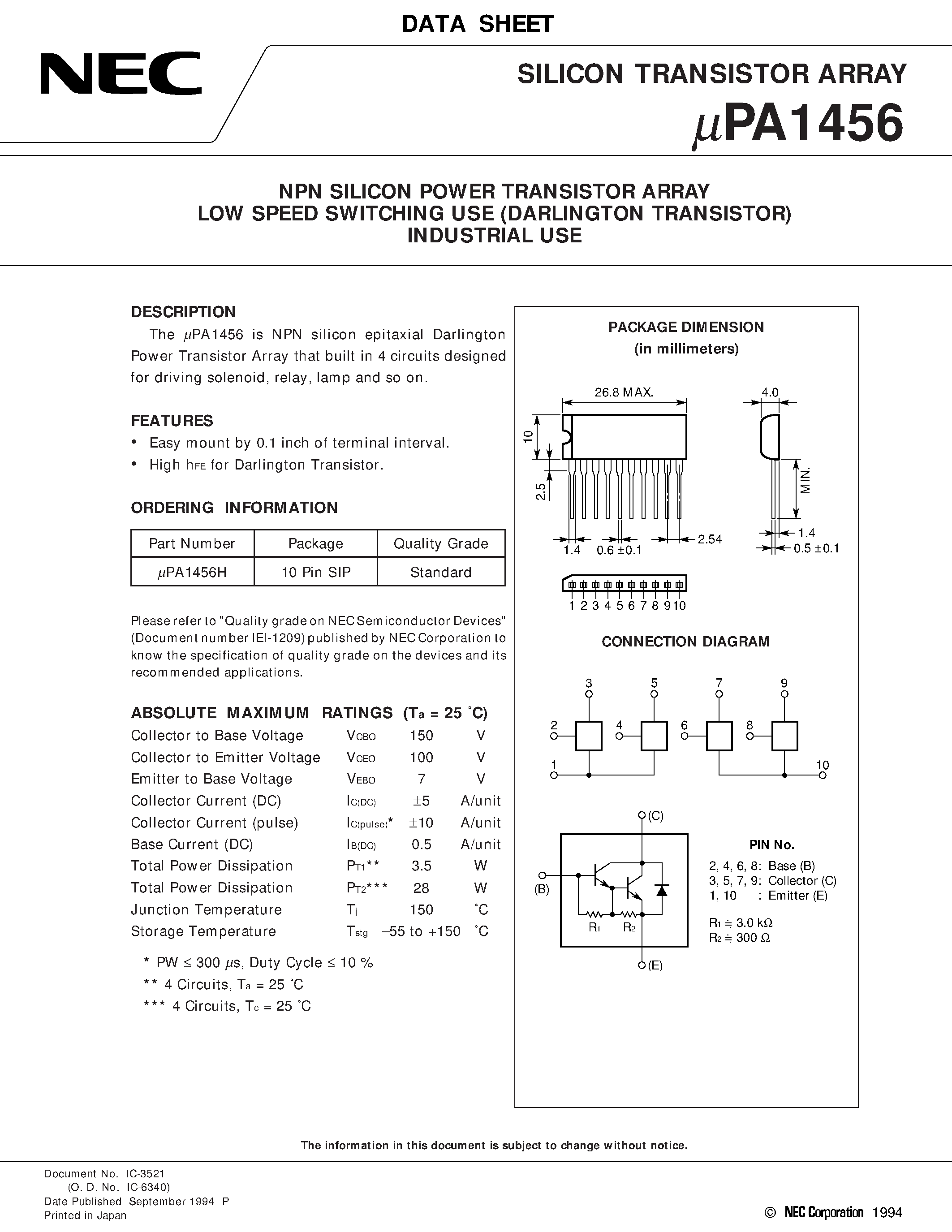 Datasheet UPA1456 - NPN SILICON POWER TRANSISTOR ARRAY LOW SPEED SWITCHING USE DARLINGTON TRANSISTOR INDUSTRIAL USE page 1