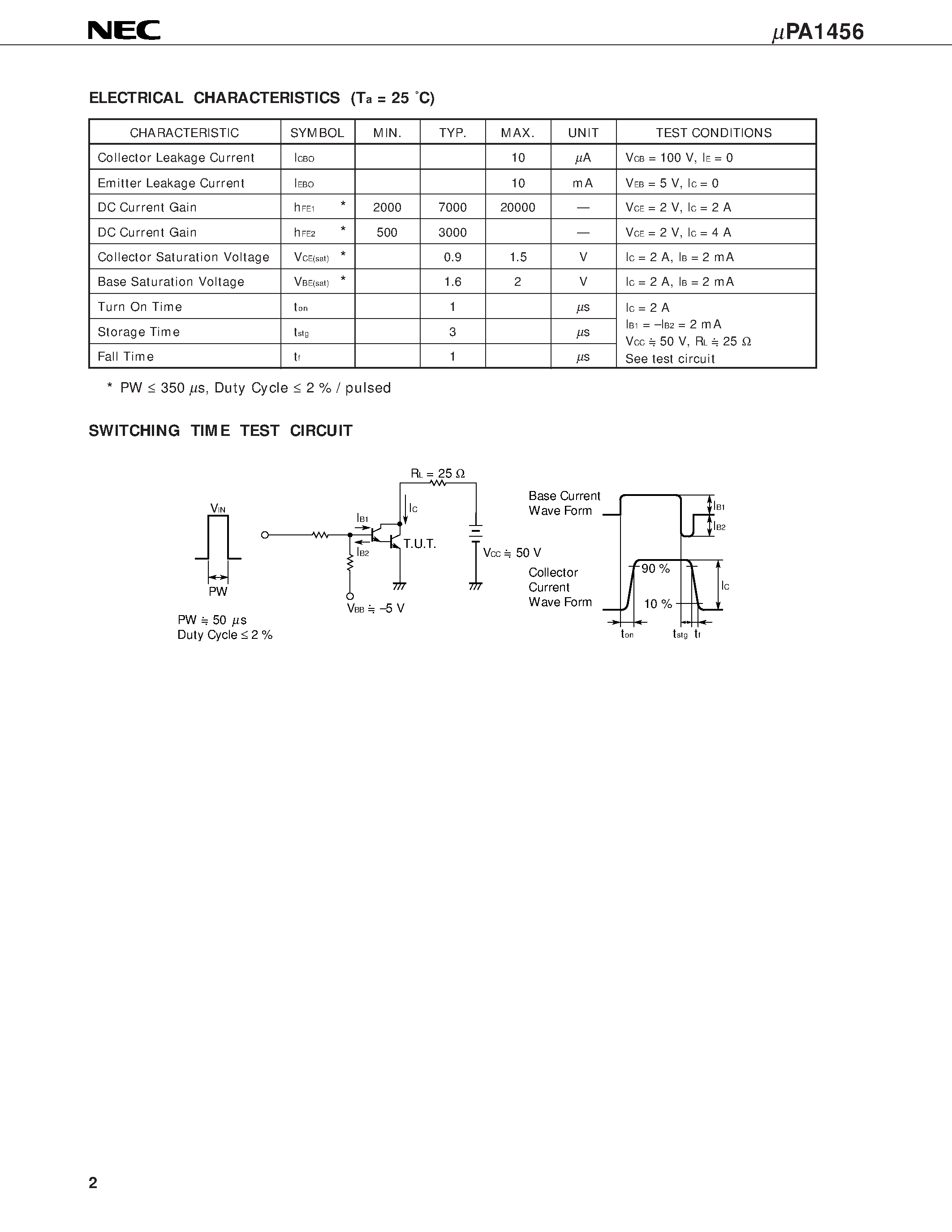 Datasheet UPA1456H - NPN SILICON POWER TRANSISTOR ARRAY LOW SPEED SWITCHING USE DARLINGTON TRANSISTOR INDUSTRIAL USE page 2