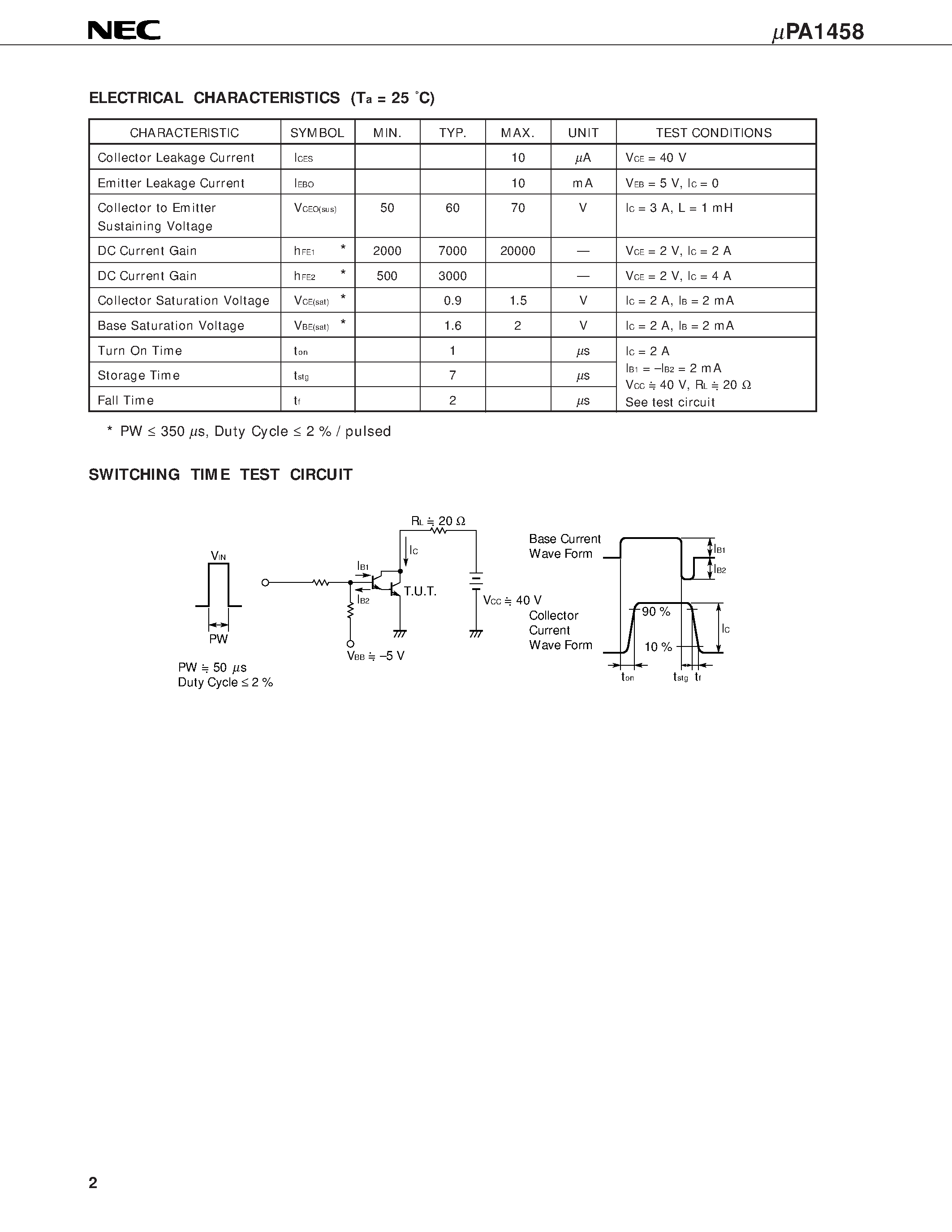 Datasheet UPA1458 - NPN SILICON POWER TRANSISTOR ARRAY LOW SPEED SWITCHING USE DARLINGTON TRANSISTOR INDUSTRIAL USE page 2