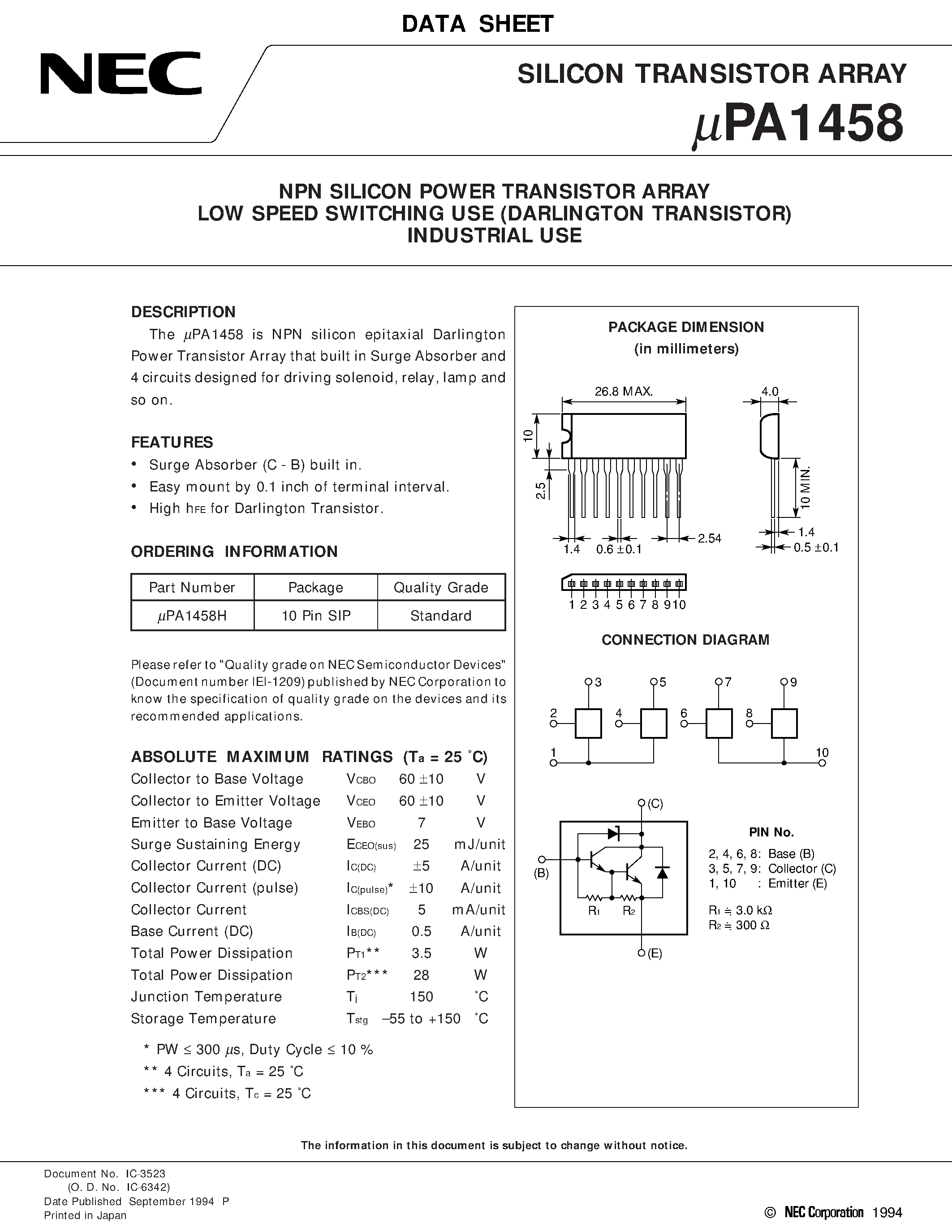 Datasheet UPA1458H page 1 Datasheet UPA1458H - NPN SILICON POWER TRANSISTOR ARRAY LOW SPEED SWITCHING USE DARLINGTON TRANSISTOR INDUSTRIAL USE page 1