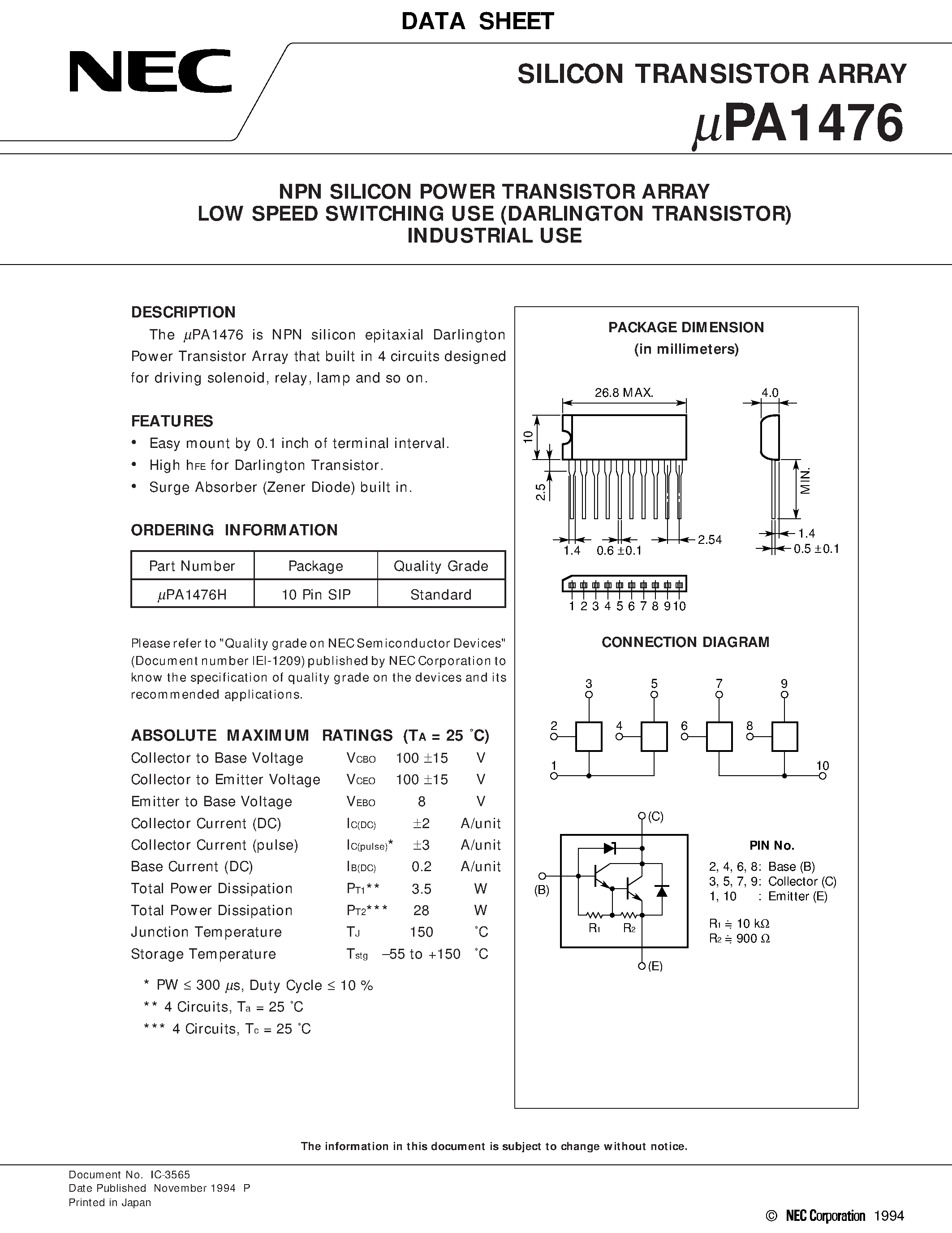 Datasheet UPA1476 - NPN SILICON POWER TRANSISTOR ARRAY LOW SPEED SWITCHING USE DARLINGTON TRANSISTOR INDUSTRIAL USE page 1