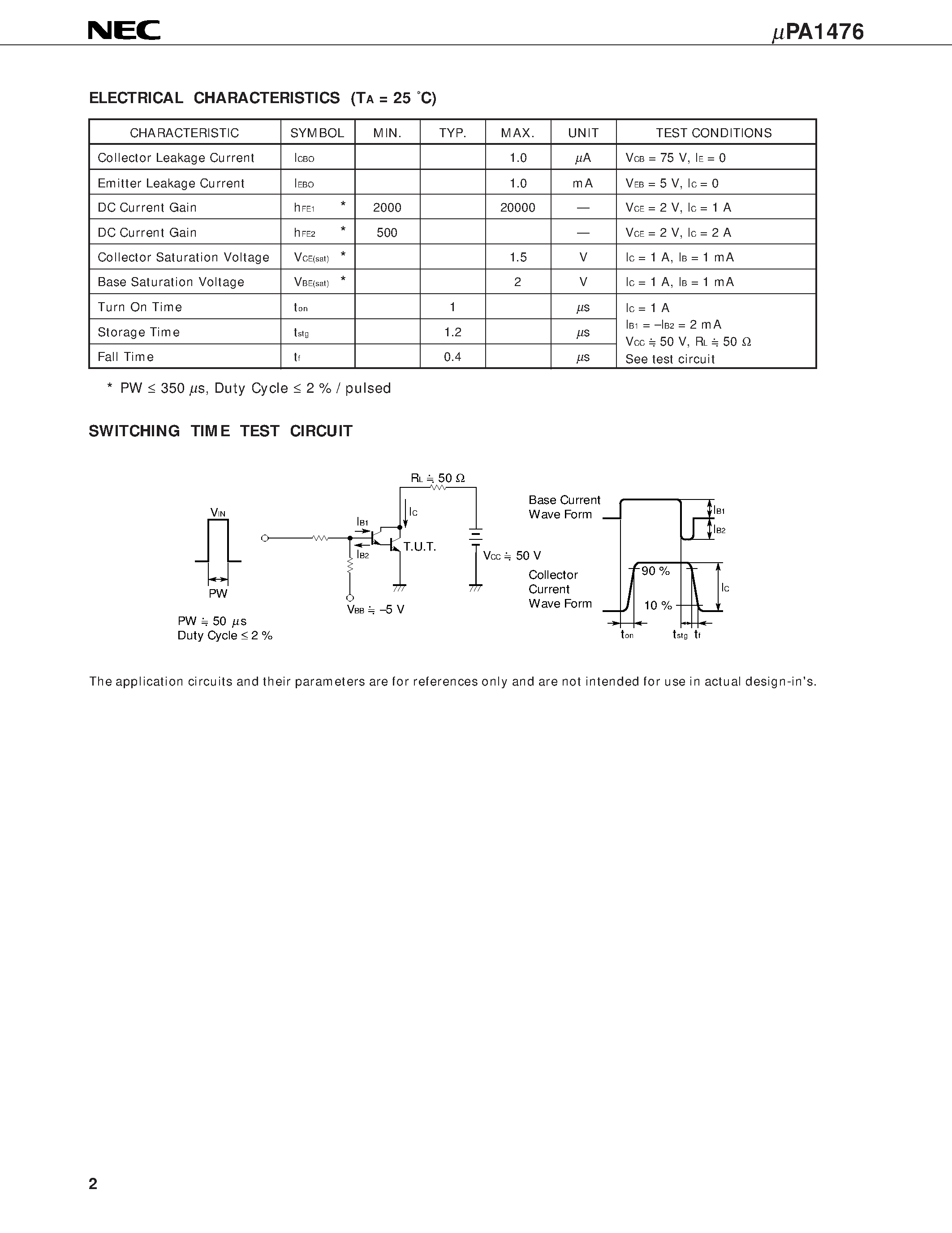 Datasheet UPA1476H - NPN SILICON POWER TRANSISTOR ARRAY LOW SPEED SWITCHING USE DARLINGTON TRANSISTOR INDUSTRIAL USE page 2
