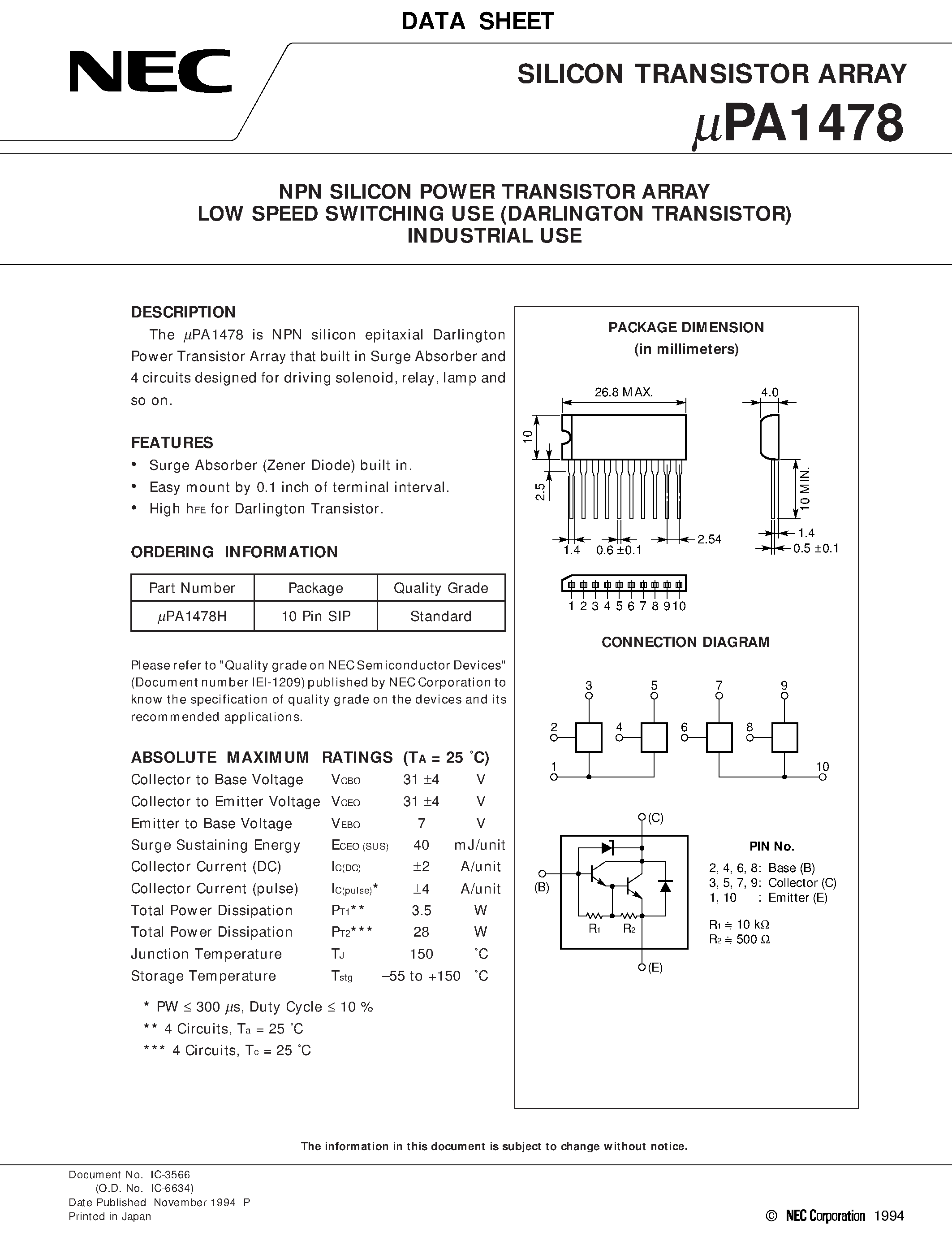 Datasheet UPA1478 - NPN SILICON POWER TRANSISTOR ARRAY LOW SPEED SWITCHING USE DARLINGTON TRANSISTOR INDUSTRIAL USE page 1