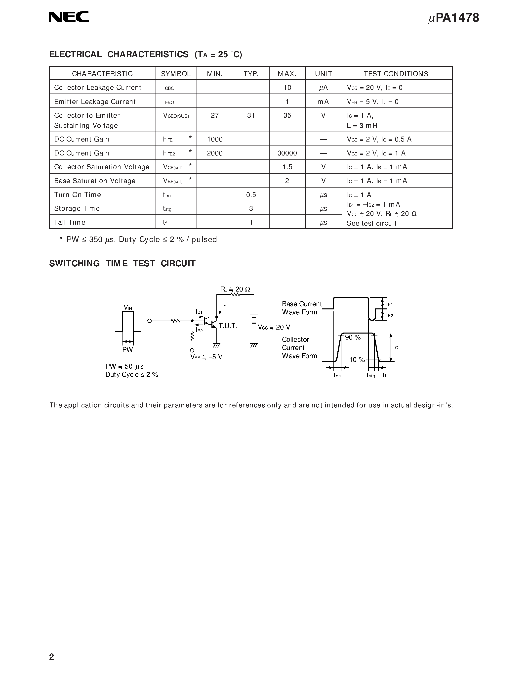 Datasheet UPA1478H page 2 Datasheet UPA1478H - NPN SILICON POWER TRANSISTOR ARRAY LOW SPEED SWITCHING USE DARLINGTON TRANSISTOR INDUSTRIAL USE page 2