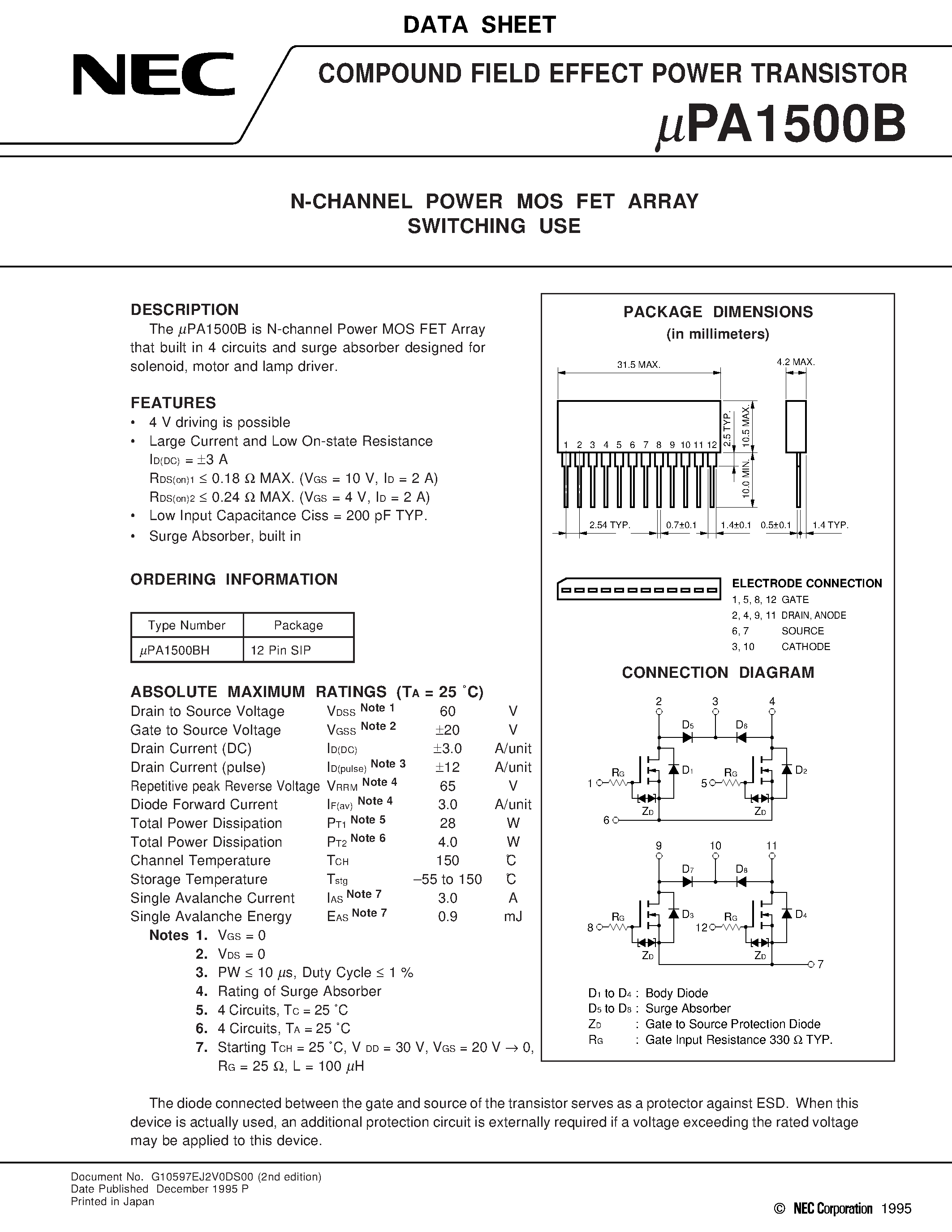 Datasheet UPA1500B - N-CHANNEL POWER MOS FET ARRAY SWITCHING USE page 1