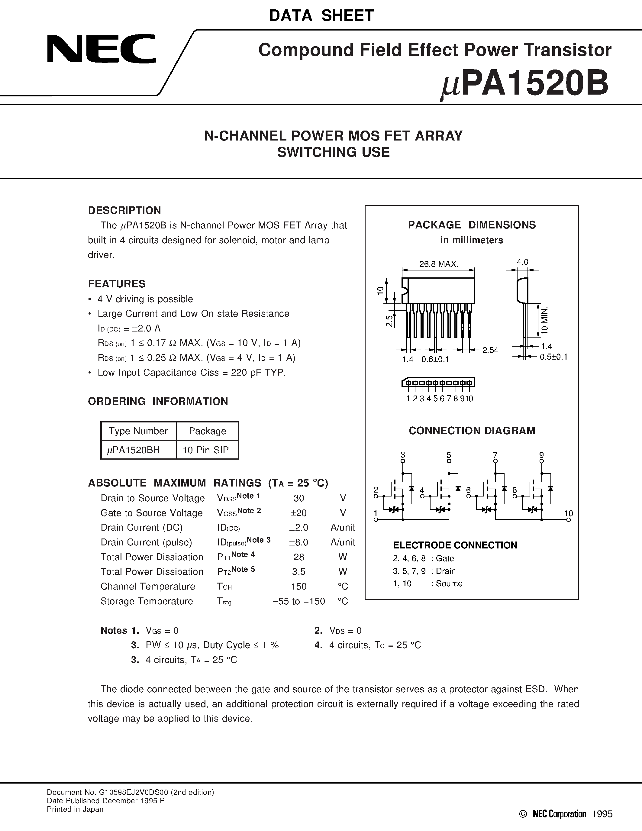 Datasheet UPA1520B - N-CHANNEL POWER MOS FET ARRAY SWITCHING USE page 1