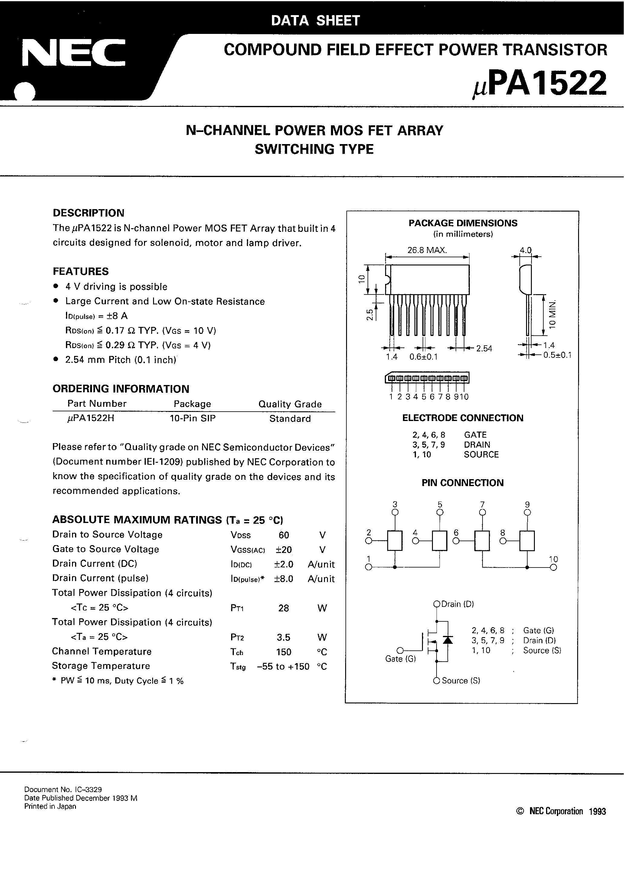 Datasheet UPA1522 - N - CHANNEL POWER MOS FET ARRAY SWITCHING TYPE page 2