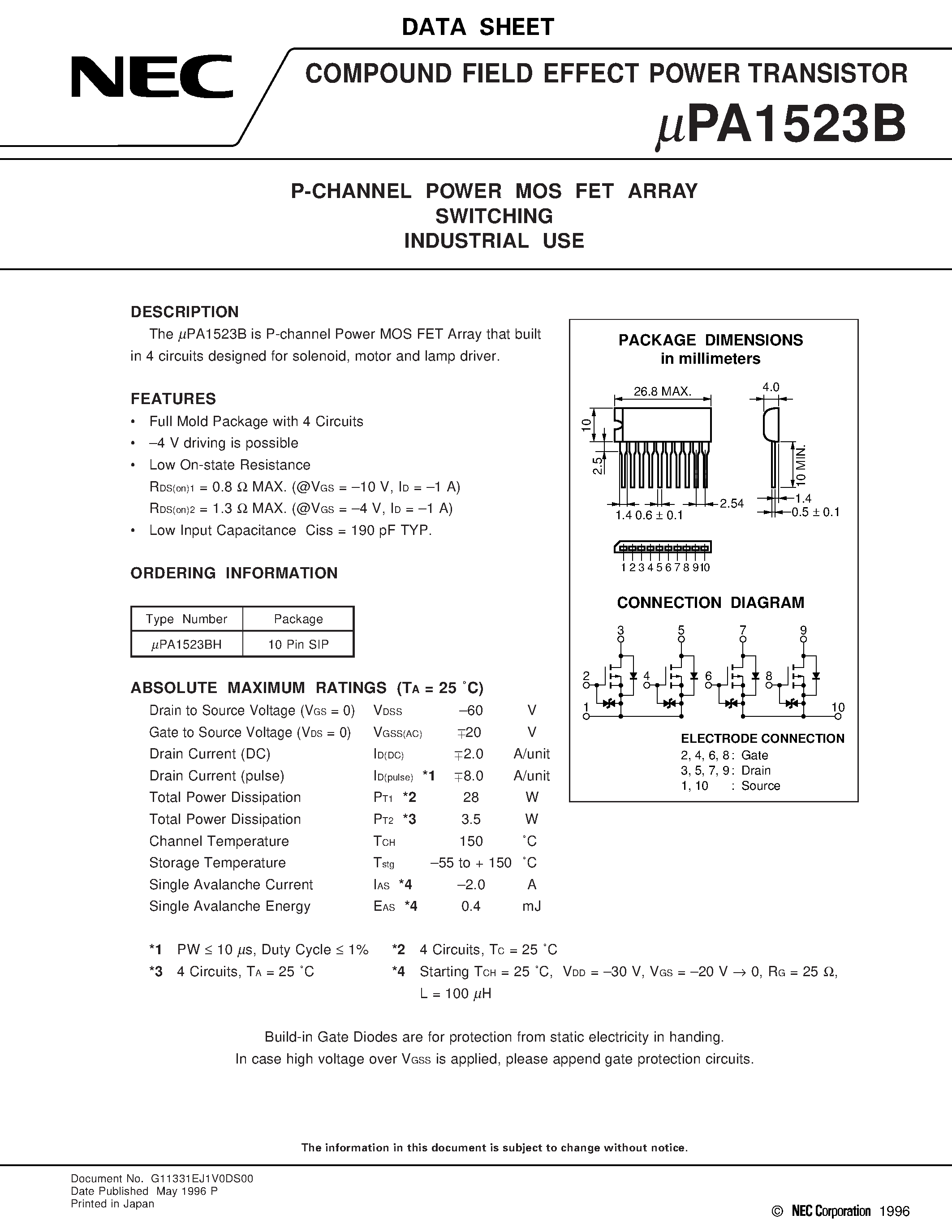 Datasheet UPA1523 - P-CHANNEL POWER MOS FET ARRAY SWITCHING INDUSTRIAL USE page 1