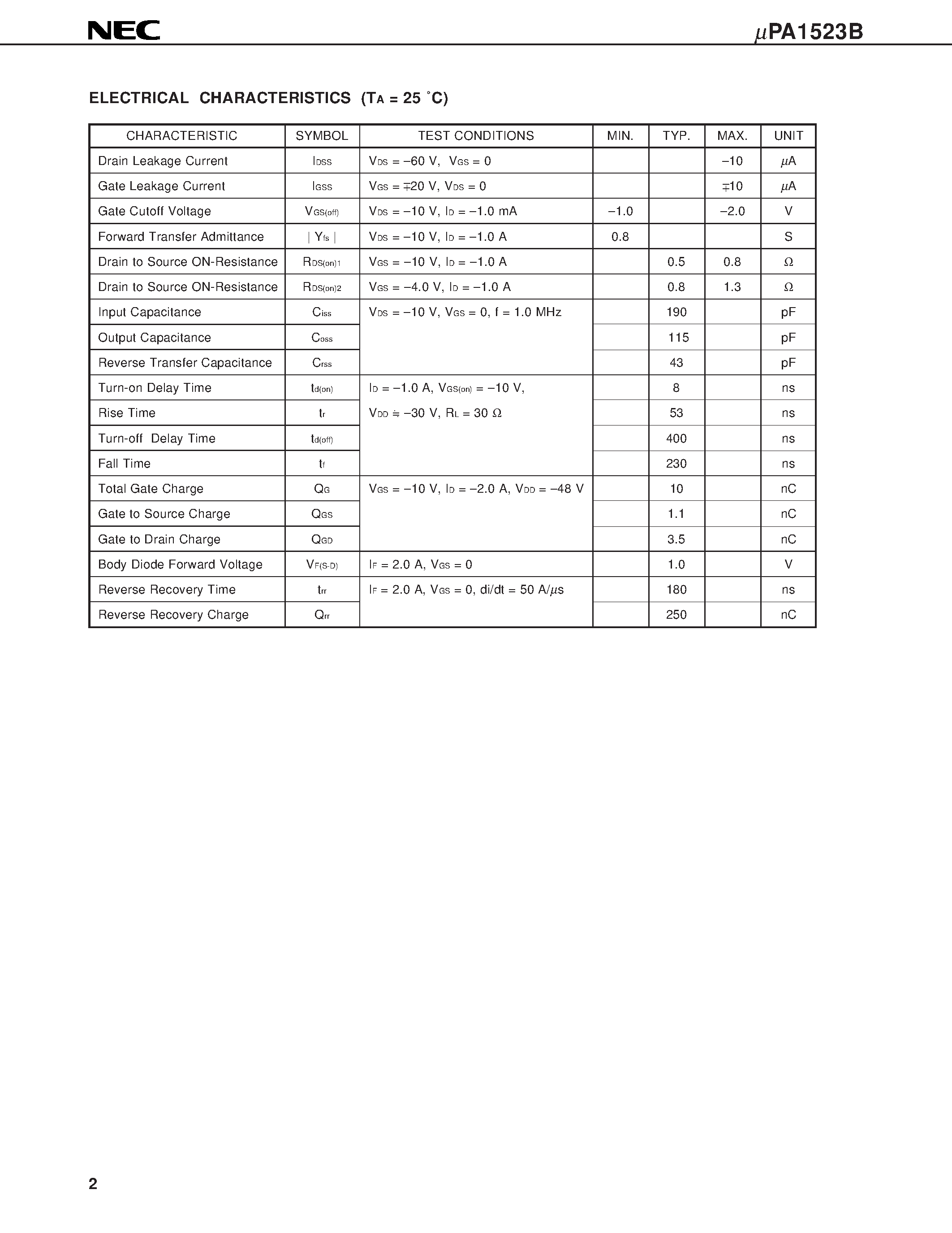 Datasheet UPA1523 - P-CHANNEL POWER MOS FET ARRAY SWITCHING INDUSTRIAL USE page 2
