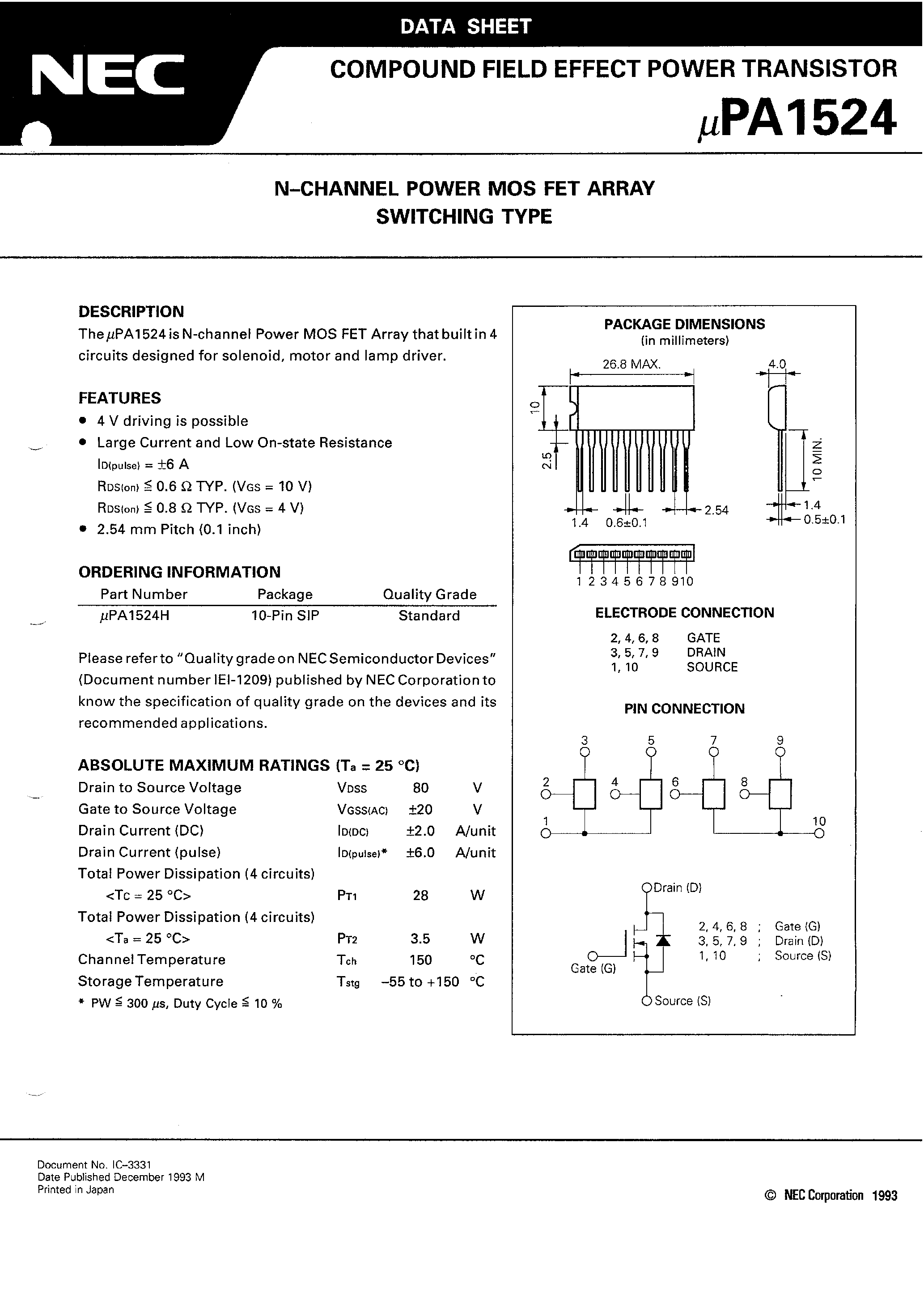 Datasheet UPA1524 - N - CHANNEL POWER MOS FET ARRAY SWITCHING TYPE page 2