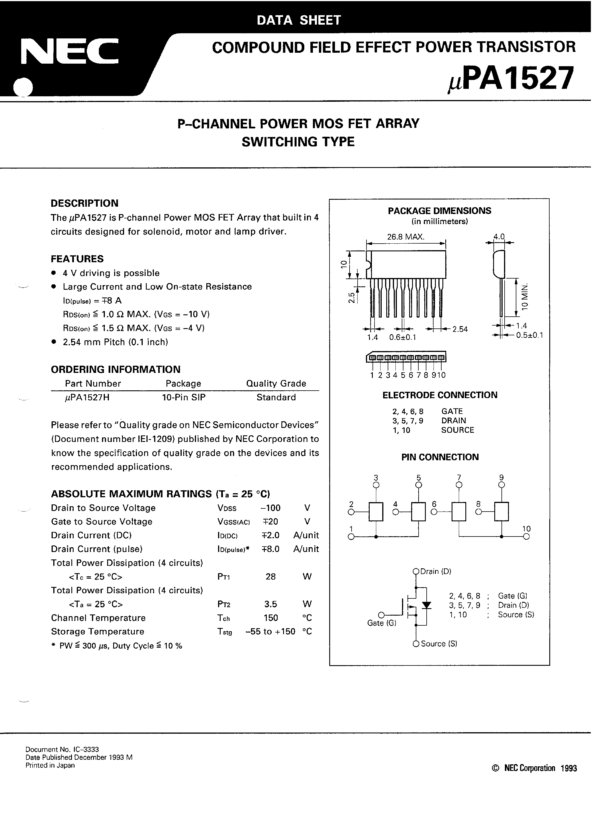 Datasheet UPA1527 page 2 Datasheet UPA1527 - P-CHANNEL POWER MOS FET ARRAY SWITCHING TYPE page 2