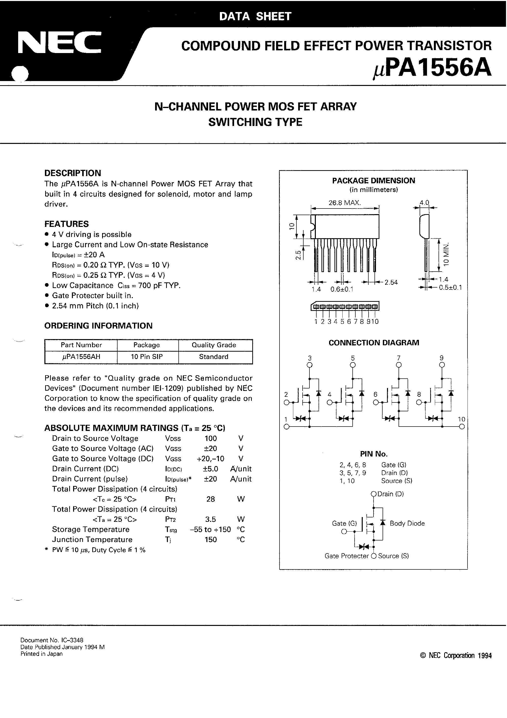 Datasheet UPA1556A page 2 Datasheet UPA1556A - N - CHANNEL POWER MOS FET ARRAY SWITCHING TYPE page 2
