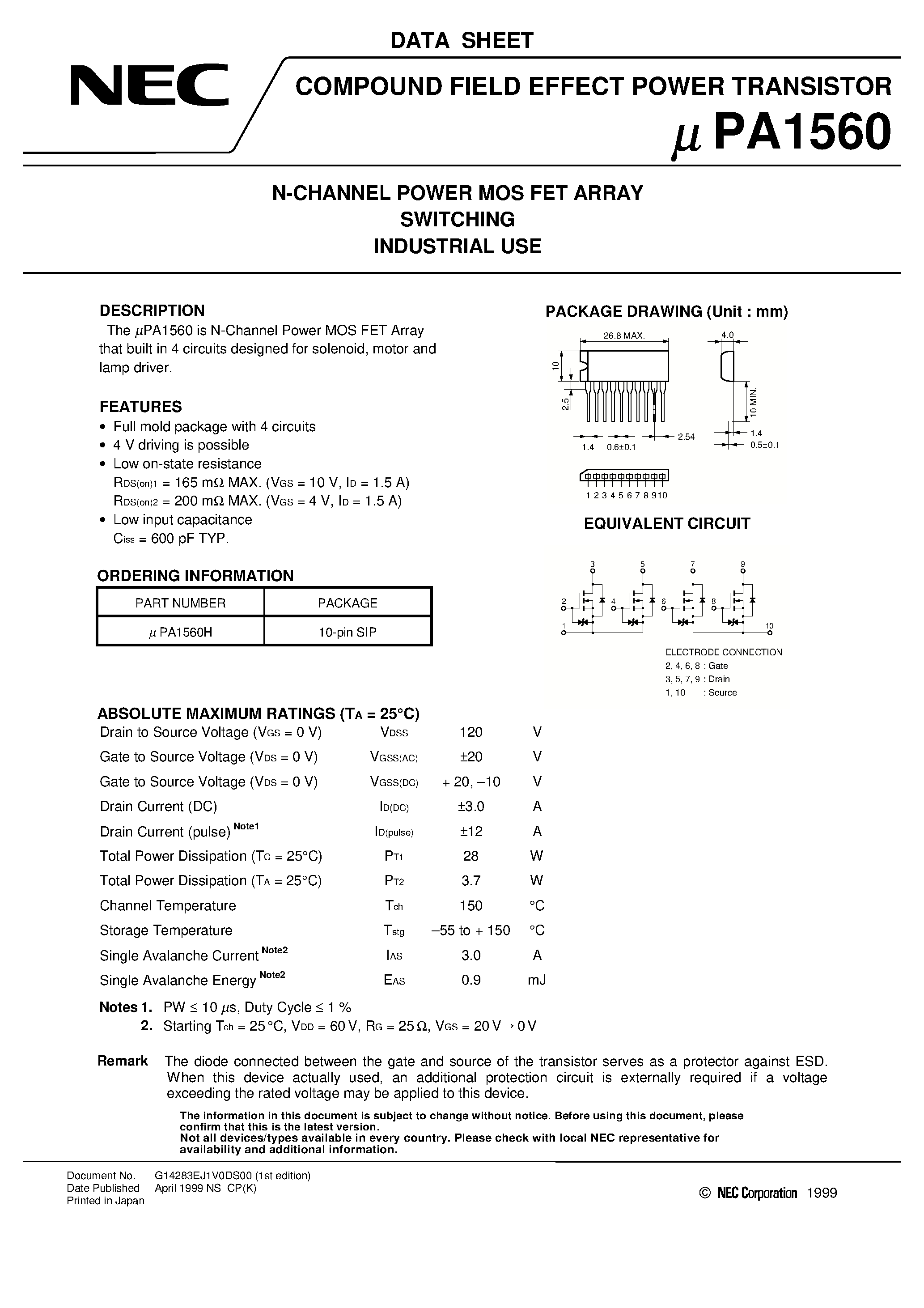 Datasheet UPA1560 - N-CHANNEL POWER MOS FET ARRAY SWITCHING INDUSTRIAL USE page 1