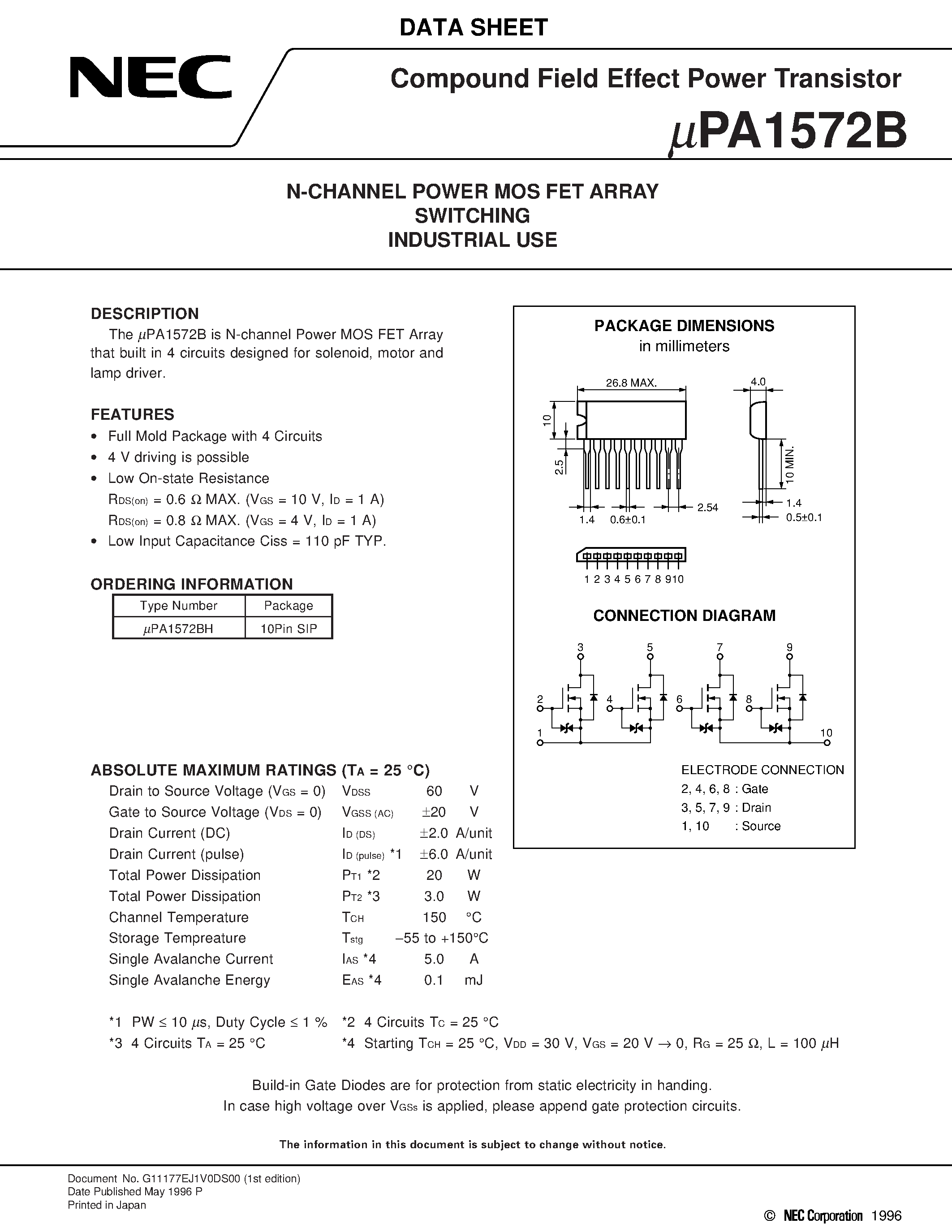 Datasheet UPA1572B page 1 Datasheet UPA1572B - N-CHANNEL POWER MOS FET ARRAY SWITCHING INDUSTRIAL USE page 1