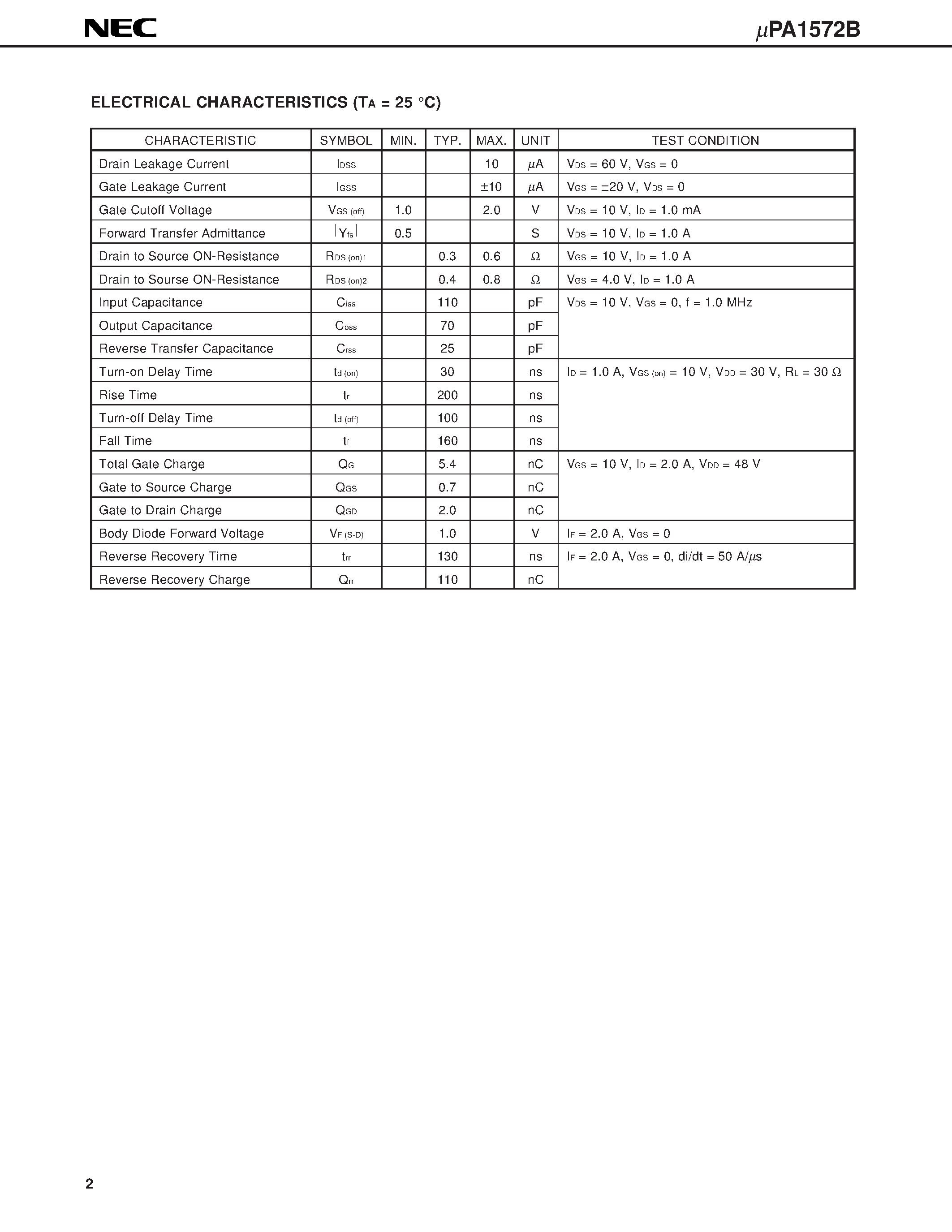 Datasheet UPA1572B page 2 Datasheet UPA1572B - N-CHANNEL POWER MOS FET ARRAY SWITCHING INDUSTRIAL USE page 2