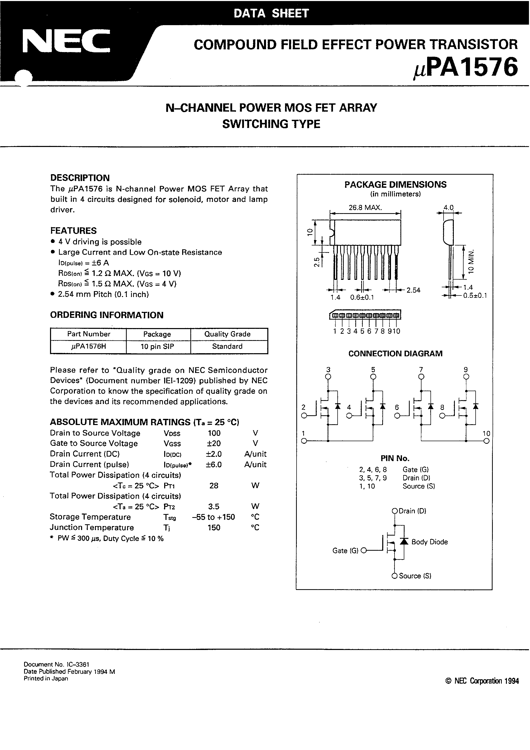 Datasheet UPA1576 page 2 Datasheet UPA1576 - N - CHANNEL POWER MOS FET ARRAY SWITCHING TYPE page 2