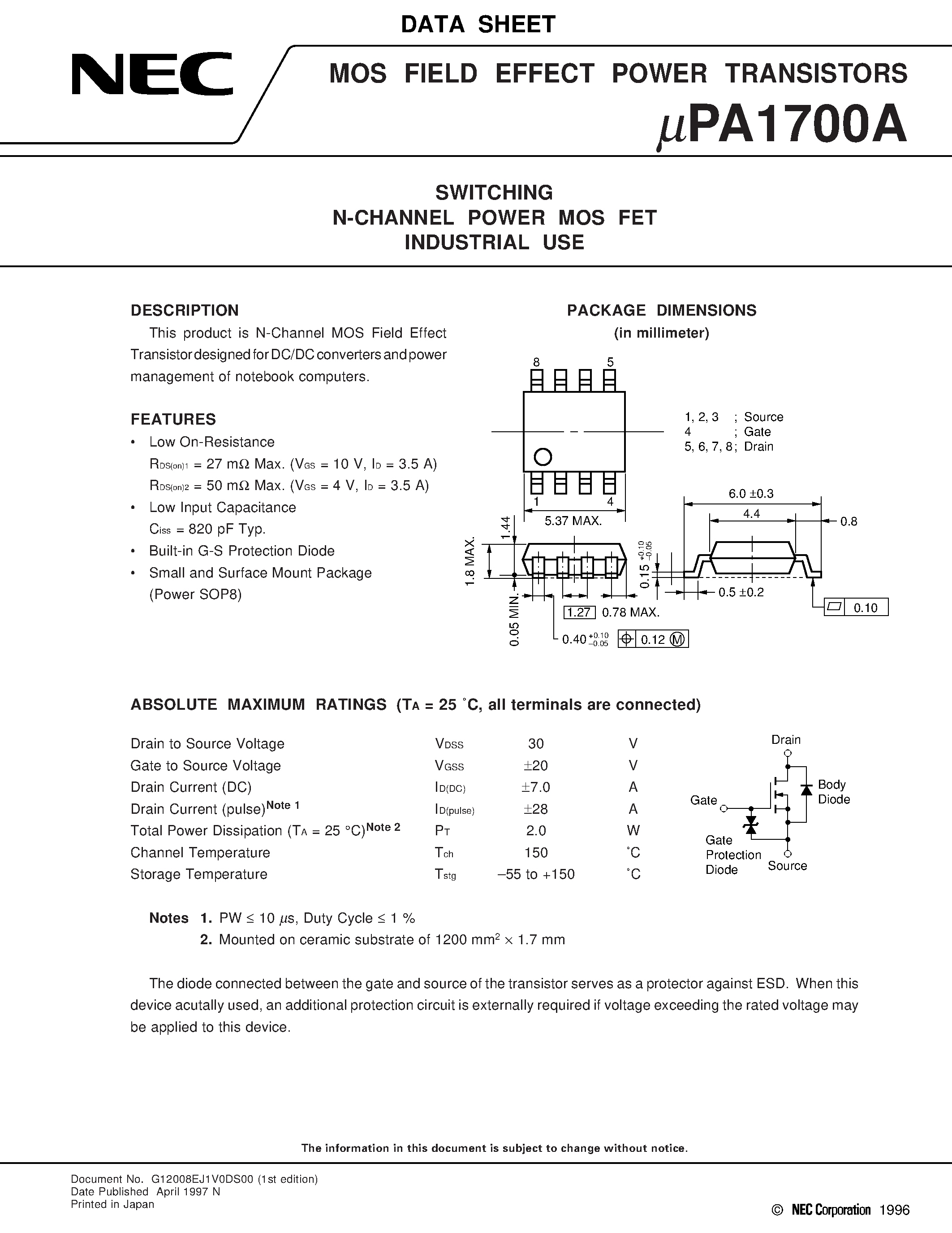 Datasheet UPA1700A - SWITCHING N-CHANNEL POWER MOS FET INDUSTRIAL USE page 1