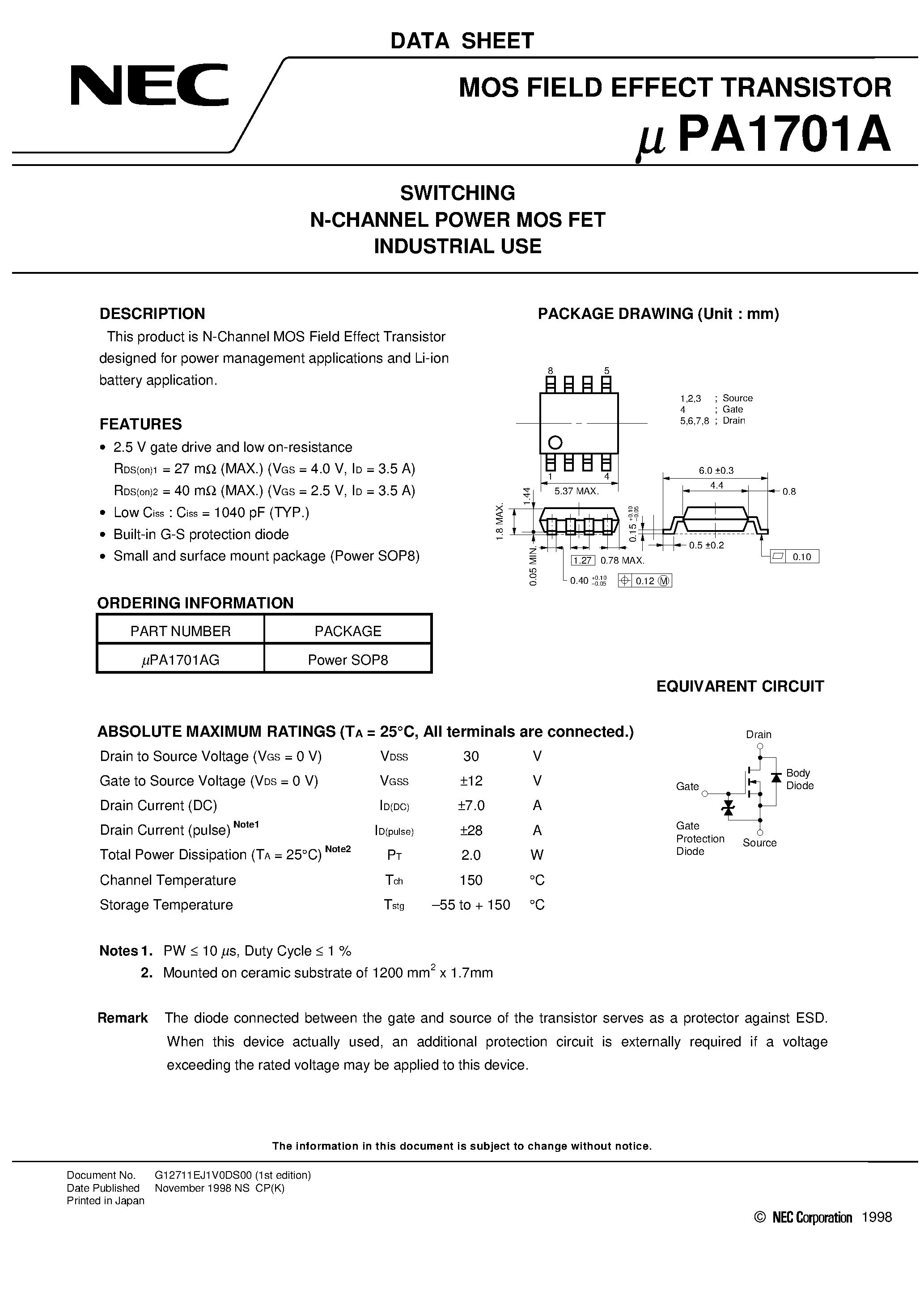 Datasheet UPA1701A page 1 Datasheet UPA1701A - SWITCHING N-CHANNEL POWER MOS FET INDUSTRIAL USE page 1