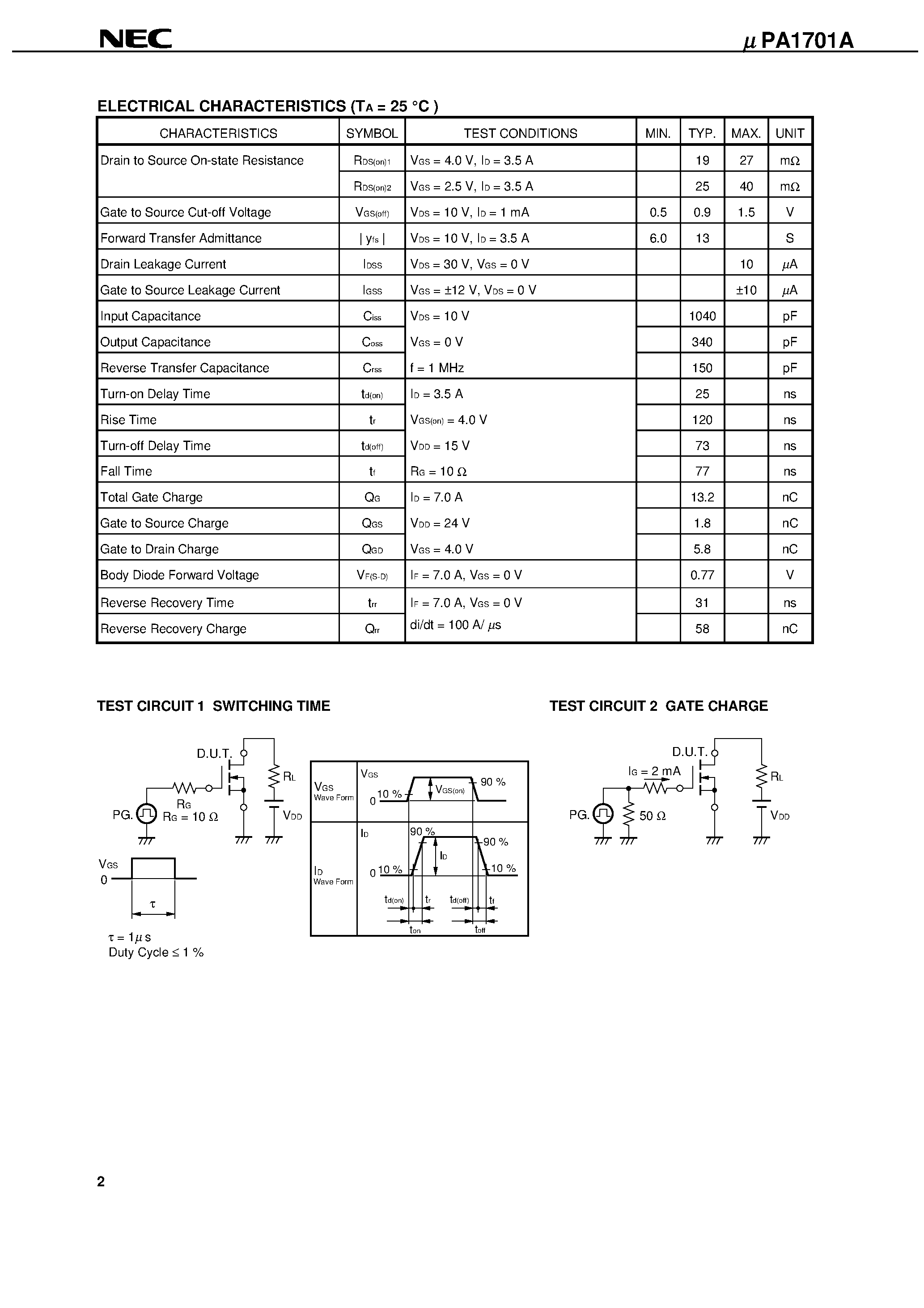 Datasheet UPA1701A page 2 Datasheet UPA1701A - SWITCHING N-CHANNEL POWER MOS FET INDUSTRIAL USE page 2