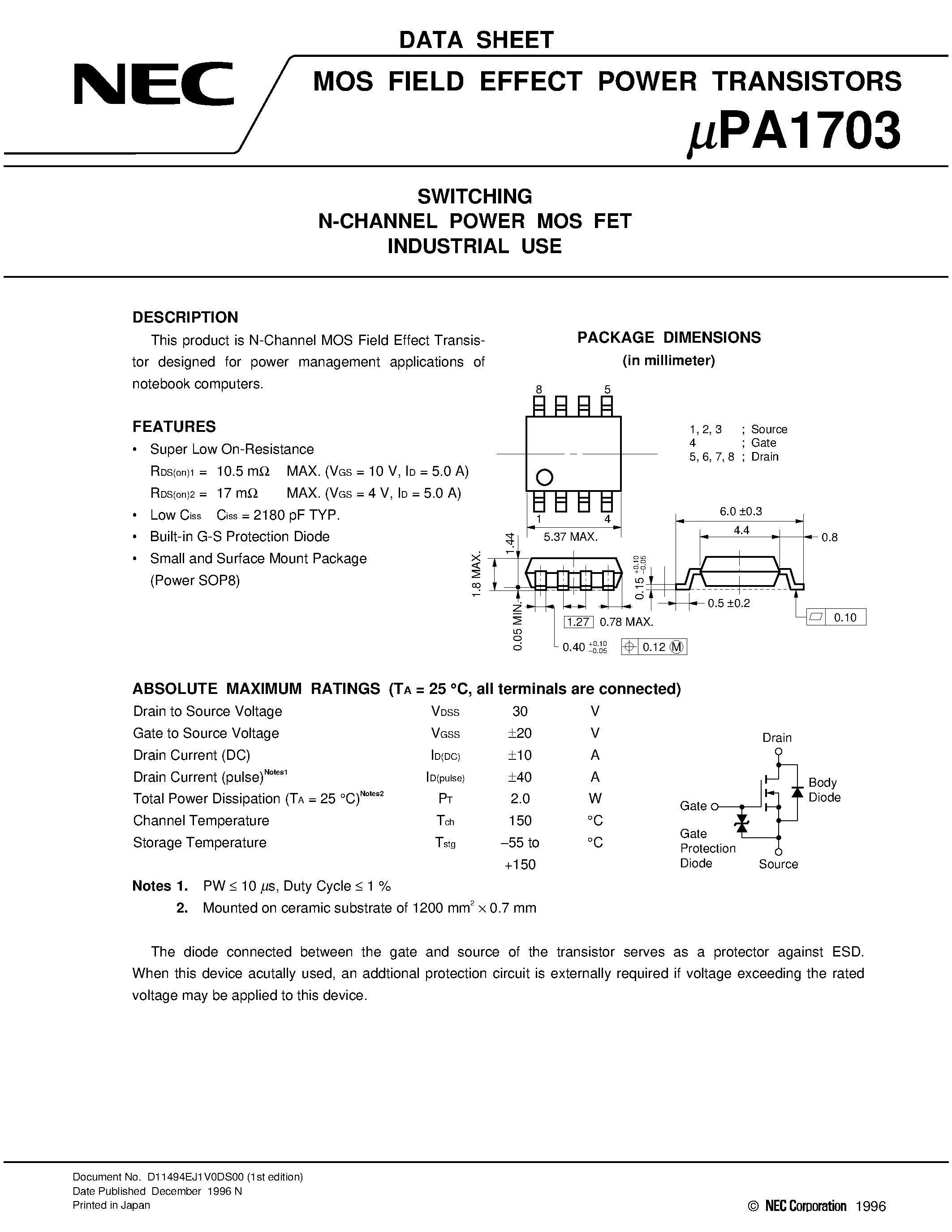 Datasheet UPA1703 - SWITCHING N-CHANNEL POWER MOS FET INDUSTRIAL USE page 1