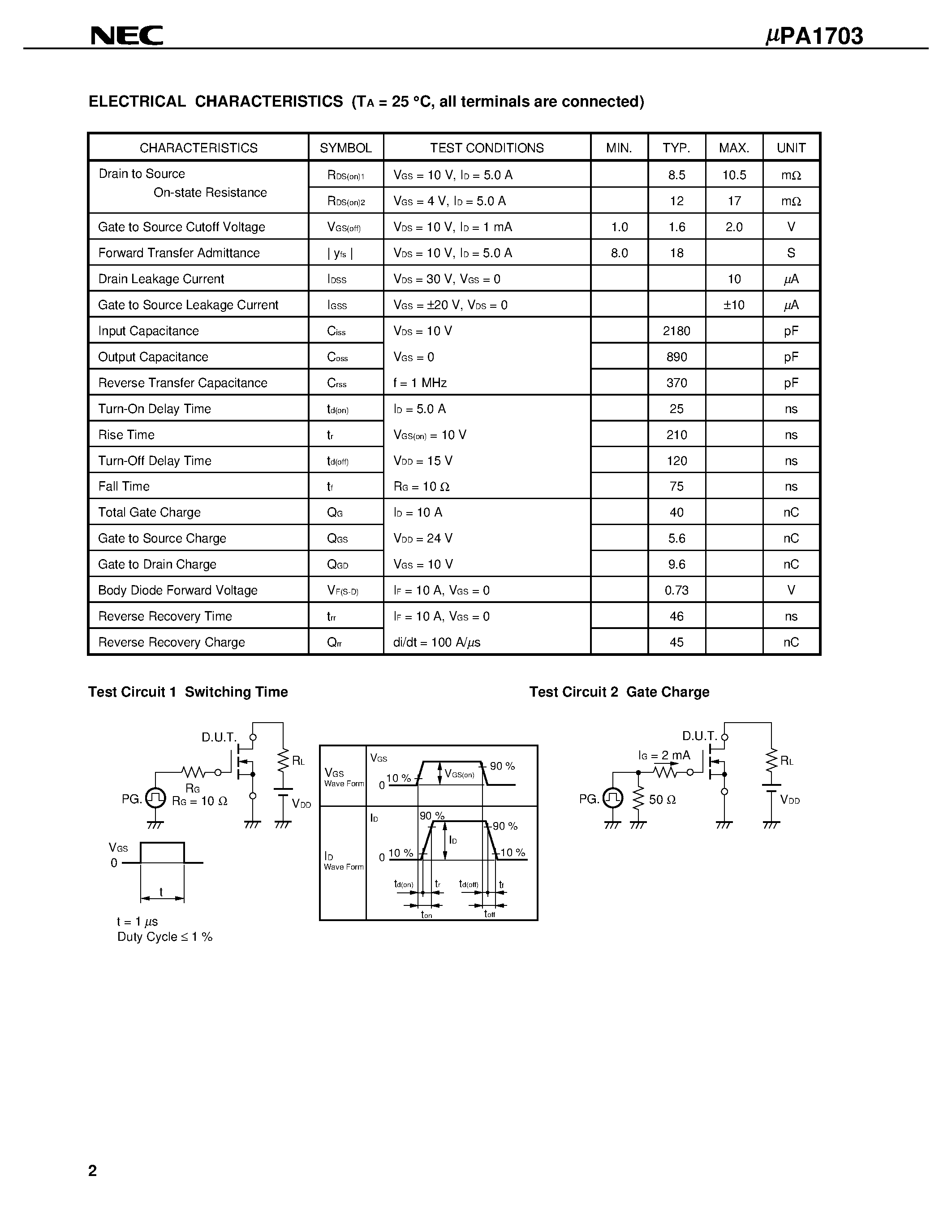 Datasheet UPA1703 - SWITCHING N-CHANNEL POWER MOS FET INDUSTRIAL USE page 2
