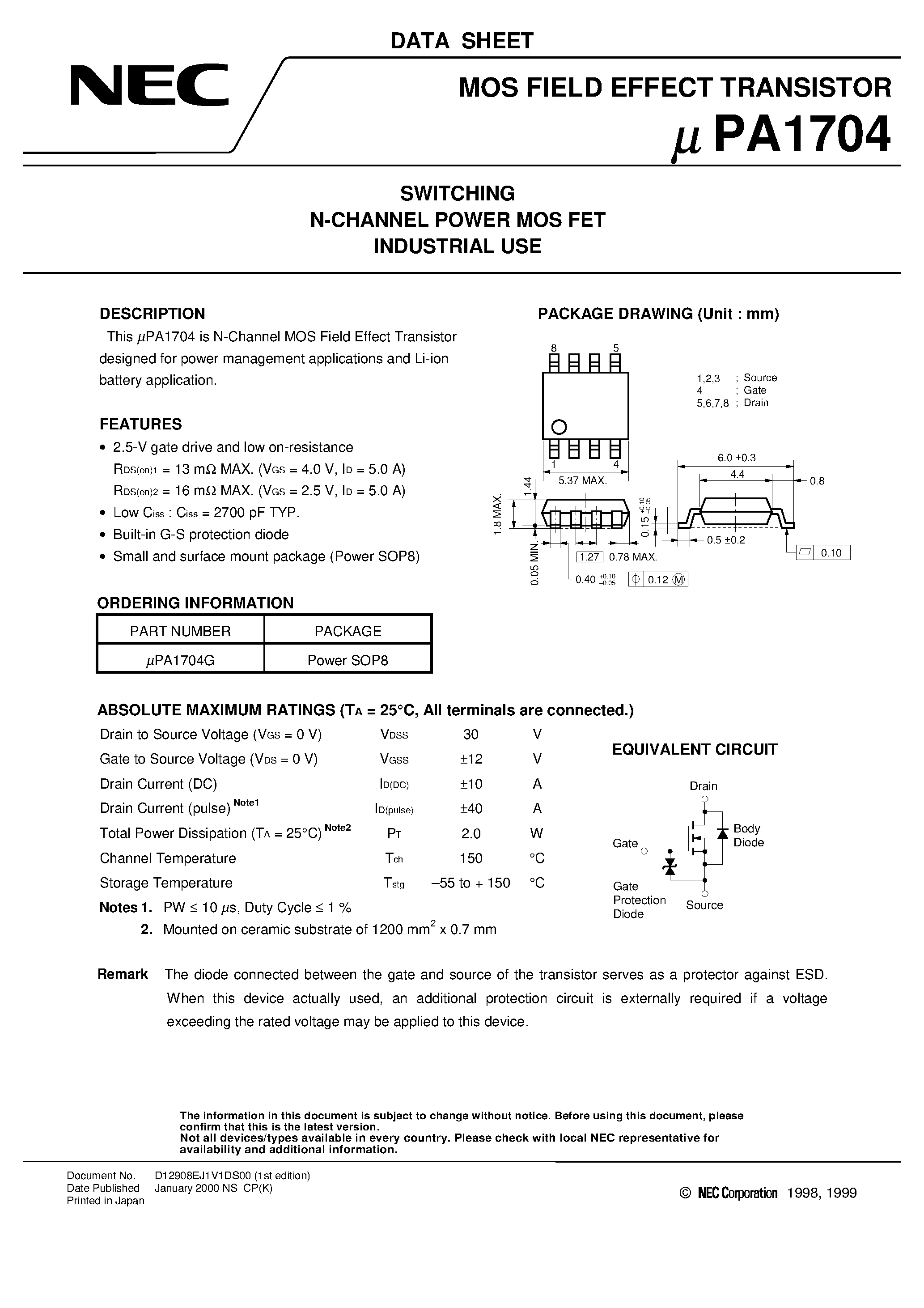 Datasheet UPA1704 - SWITCHING N-CHANNEL POWER MOS FET INDUSTRIAL USE page 1