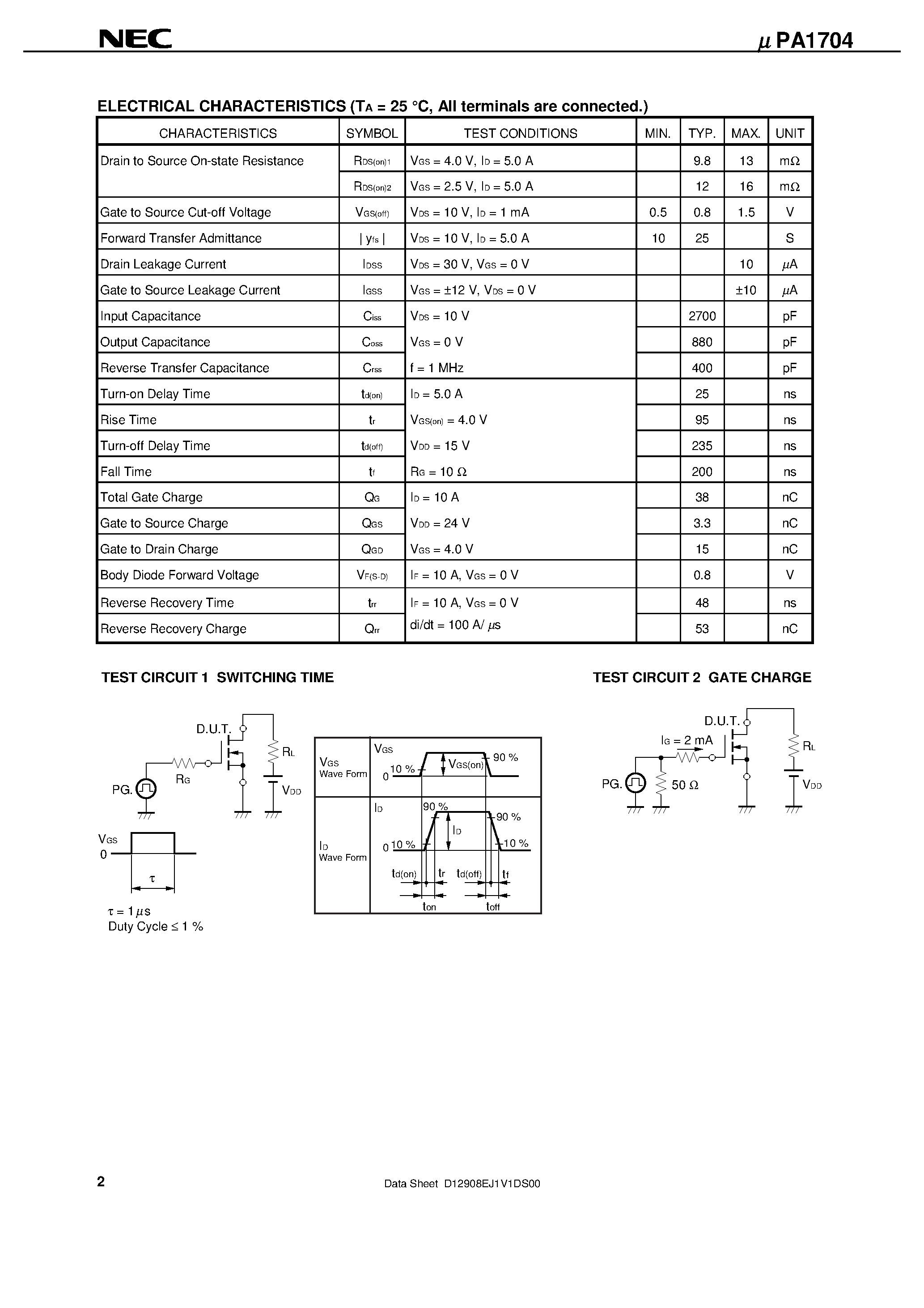Datasheet UPA1704 - SWITCHING N-CHANNEL POWER MOS FET INDUSTRIAL USE page 2