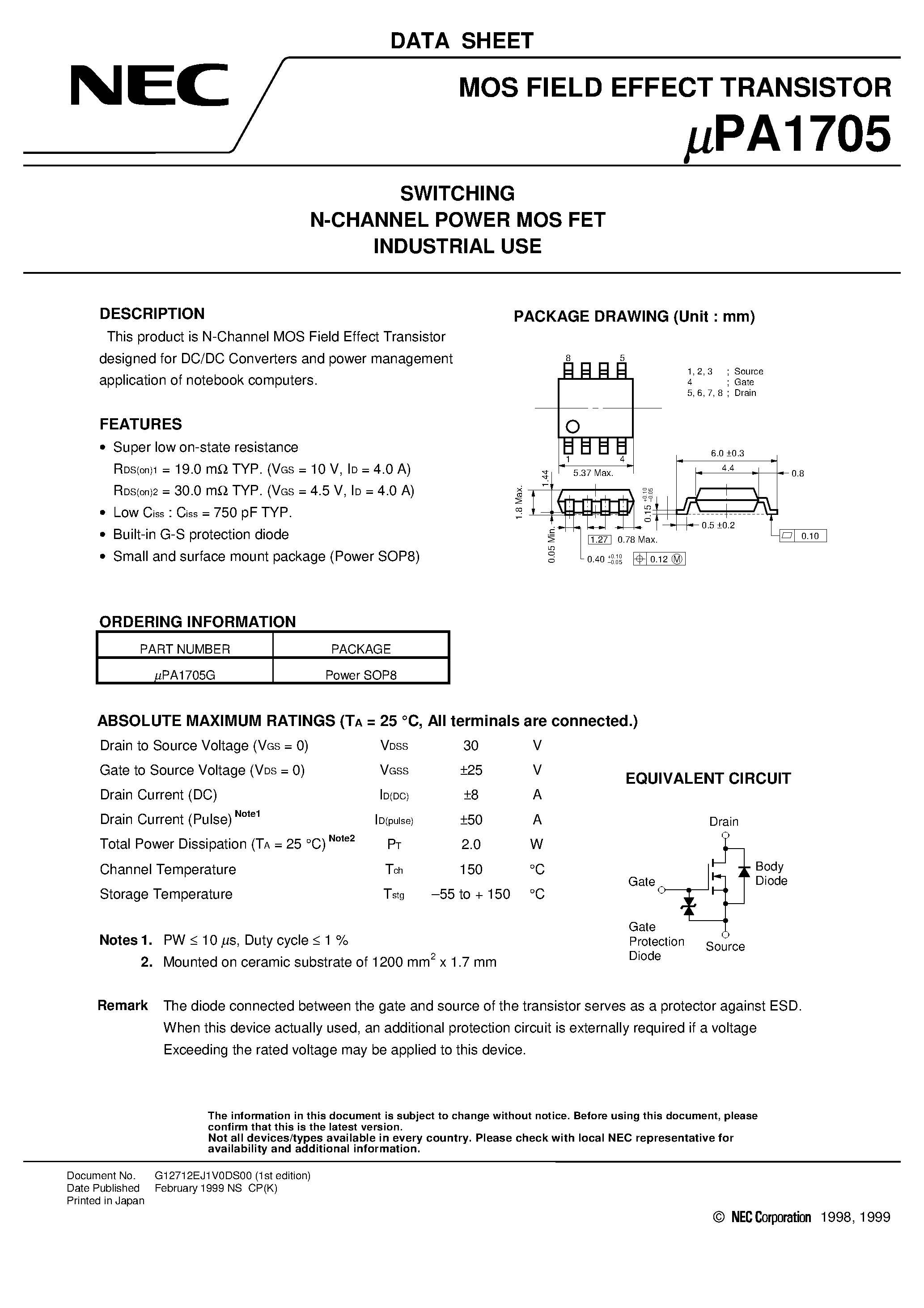 Datasheet UPA1705 page 1 Datasheet UPA1705 - SWITCHING N-CHANNEL POWER MOS FET INDUSTRIAL USE page 1