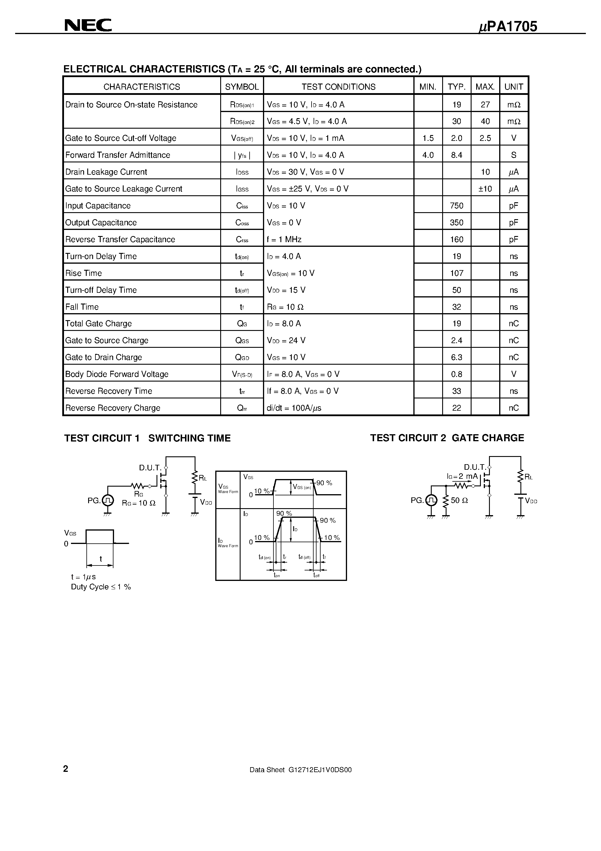 Datasheet UPA1705 page 2 Datasheet UPA1705 - SWITCHING N-CHANNEL POWER MOS FET INDUSTRIAL USE page 2