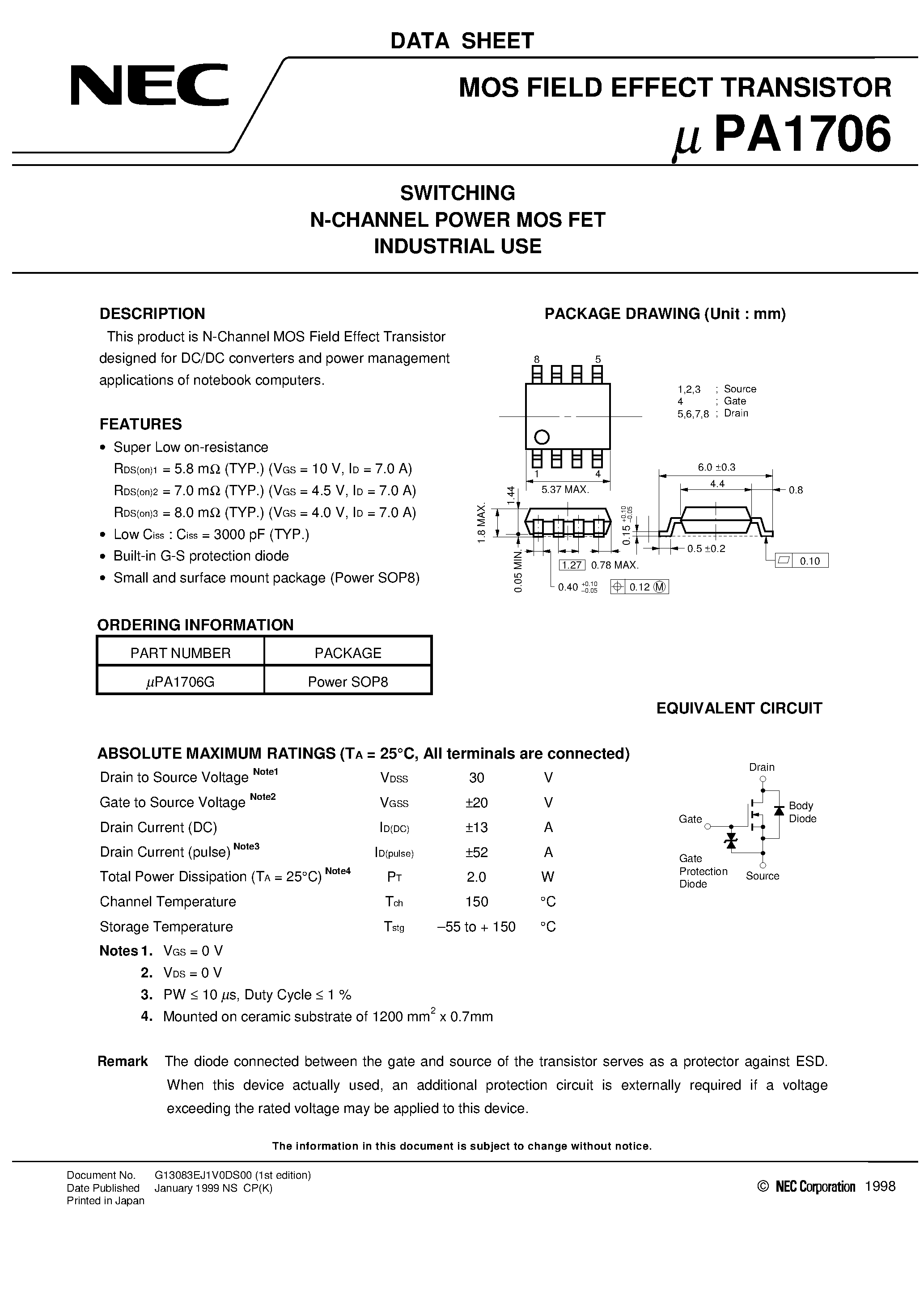 Datasheet UPA1706 - SWITCHING N-CHANNEL POWER MOS FET INDUSTRIAL USE page 1