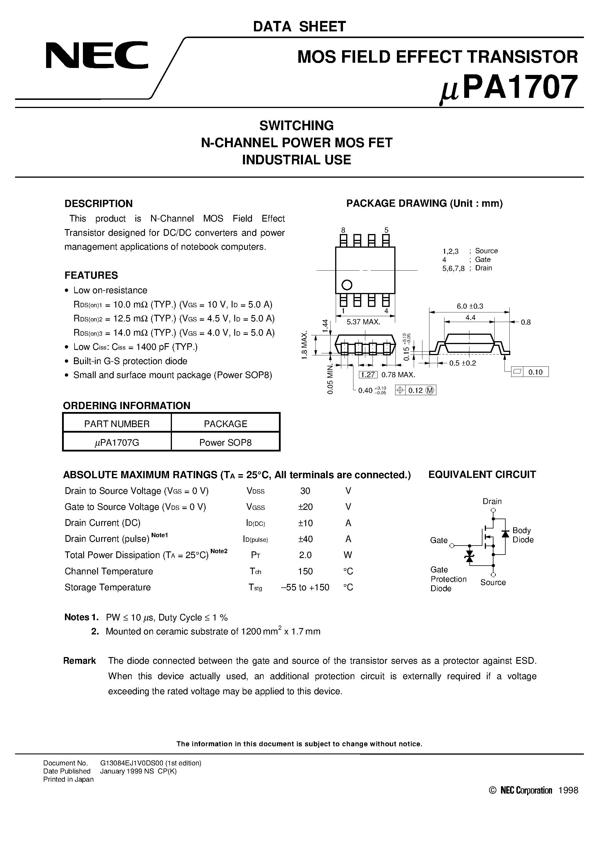 Datasheet UPA1707 page 1 Datasheet UPA1707 - SWITCHING N-CHANNEL POWER MOS FET INDUSTRIAL USE page 1