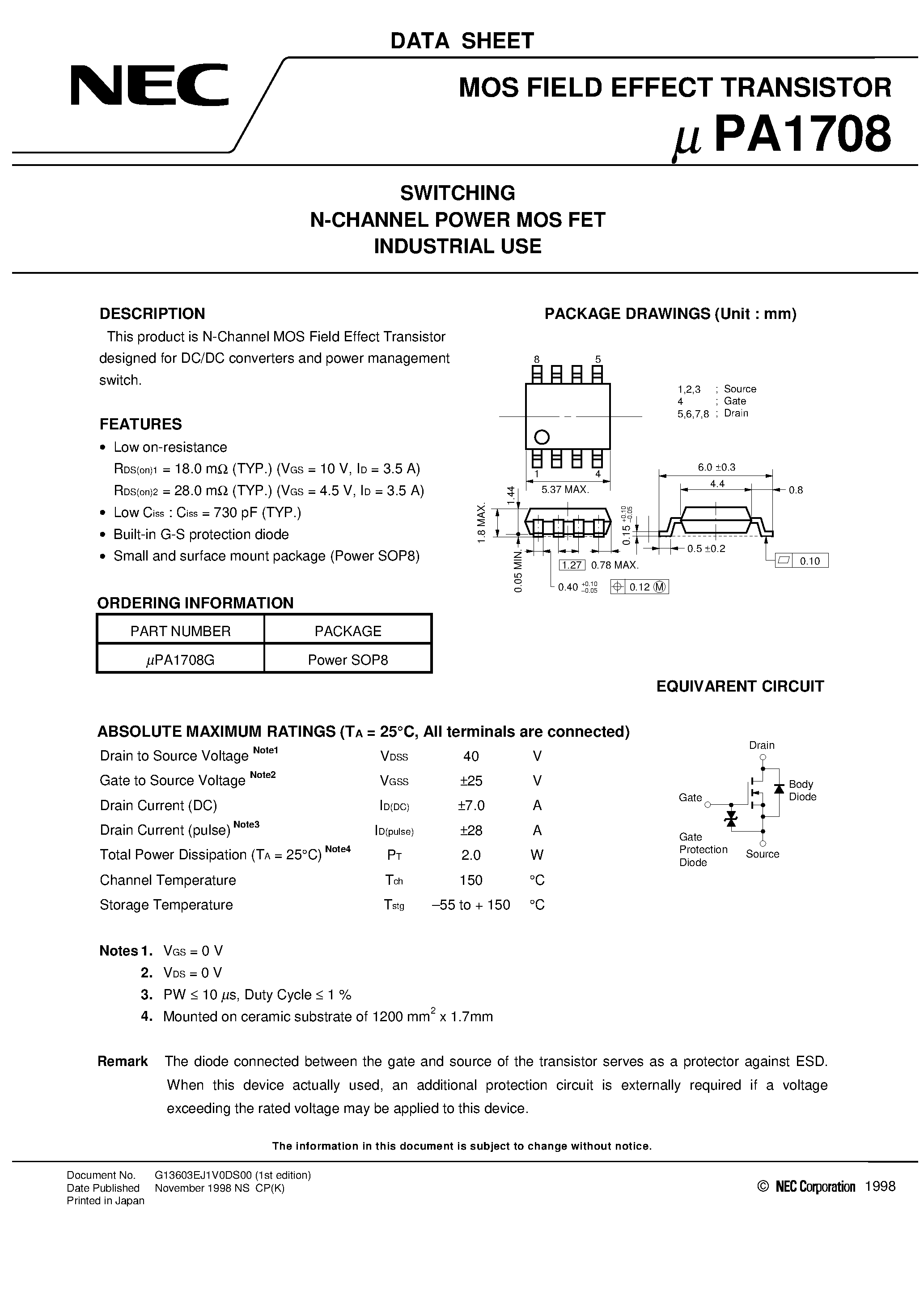Datasheet UPA1708 - SWITCHING N-CHANNEL POWER MOS FET INDUSTRIAL USE page 1