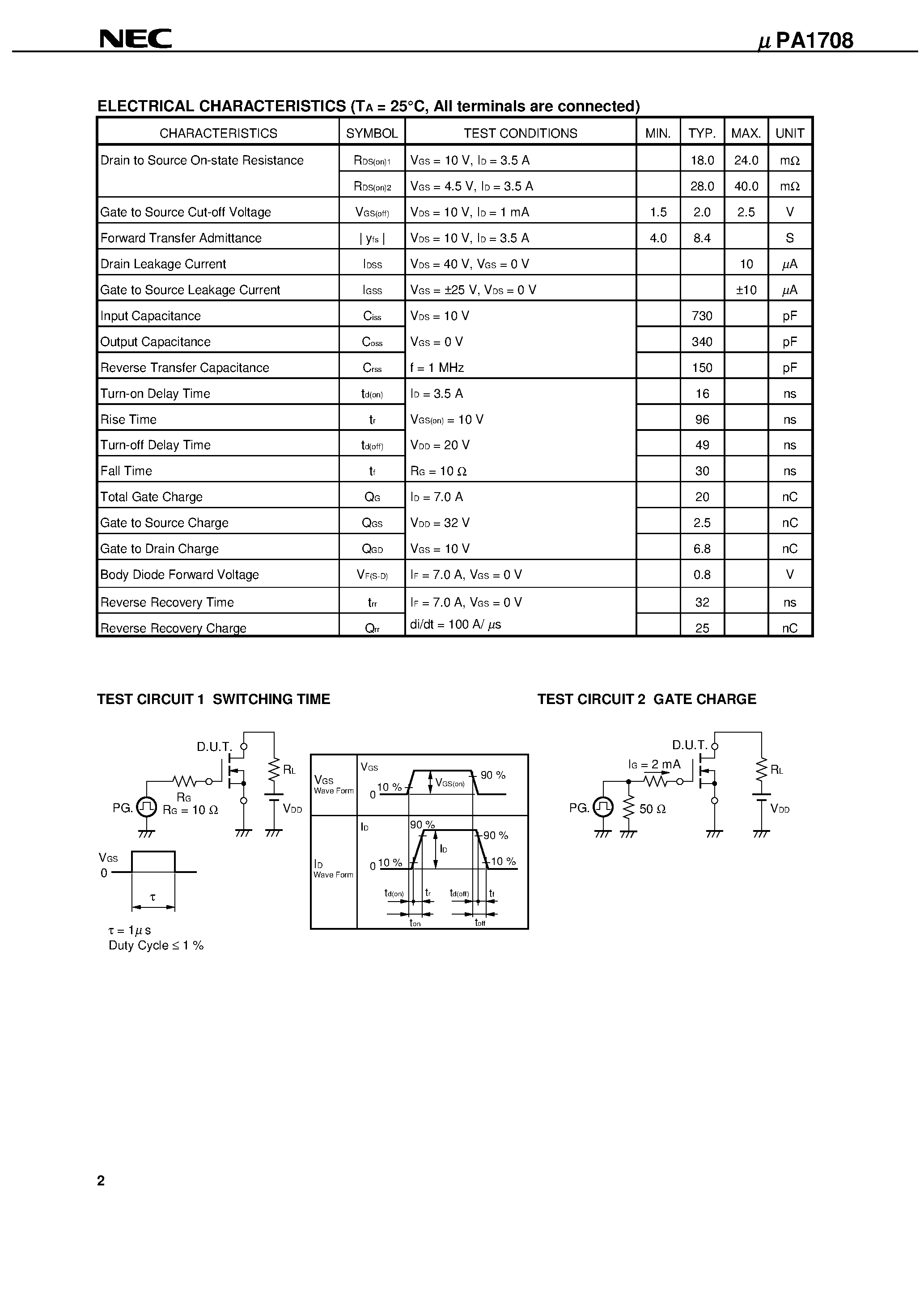 Datasheet UPA1708 - SWITCHING N-CHANNEL POWER MOS FET INDUSTRIAL USE page 2