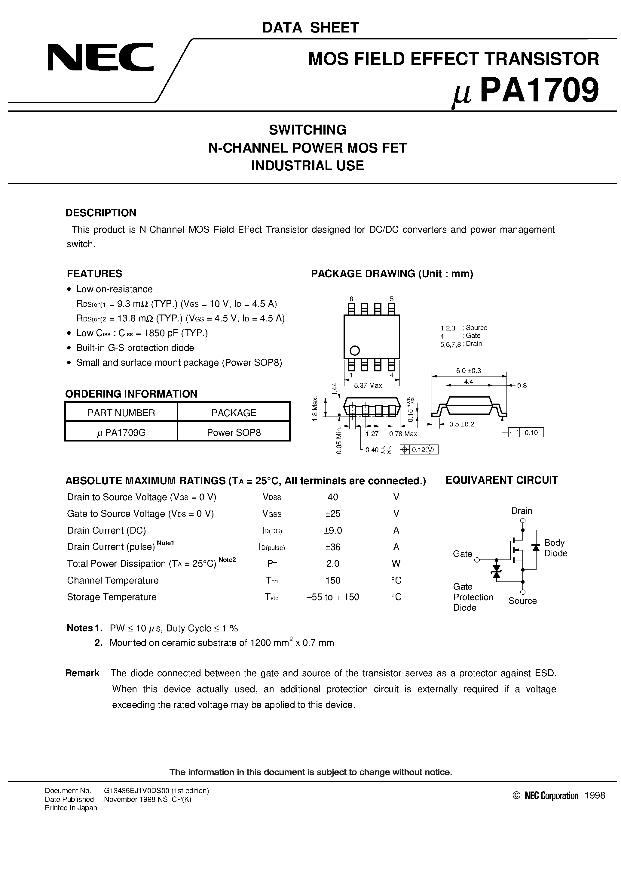 Datasheet UPA1709 page 1 Datasheet UPA1709 - SWITCHING N-CHANNEL POWER MOS FET INDUSTRIAL USE page 1