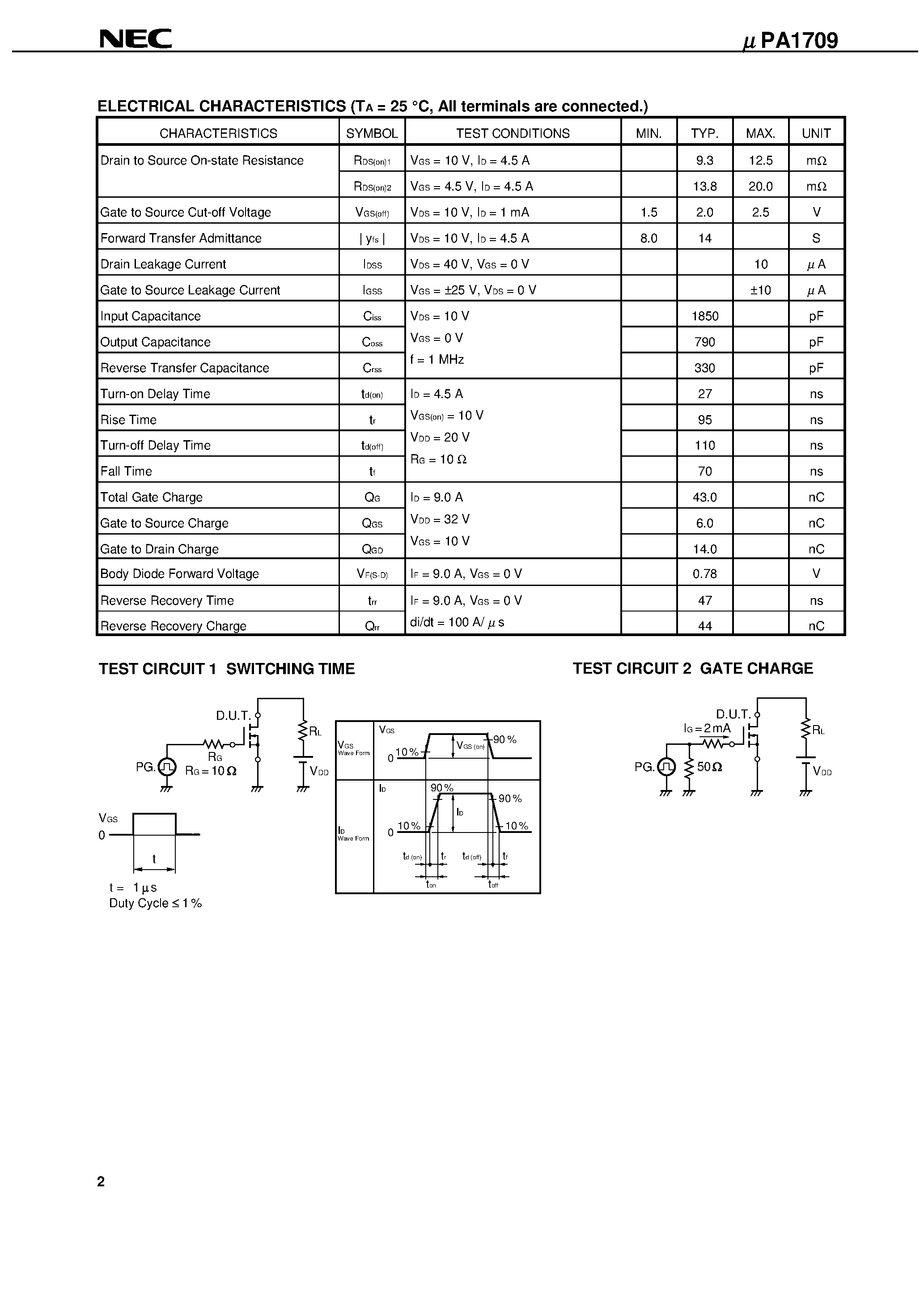 Datasheet UPA1709 page 2 Datasheet UPA1709 - SWITCHING N-CHANNEL POWER MOS FET INDUSTRIAL USE page 2