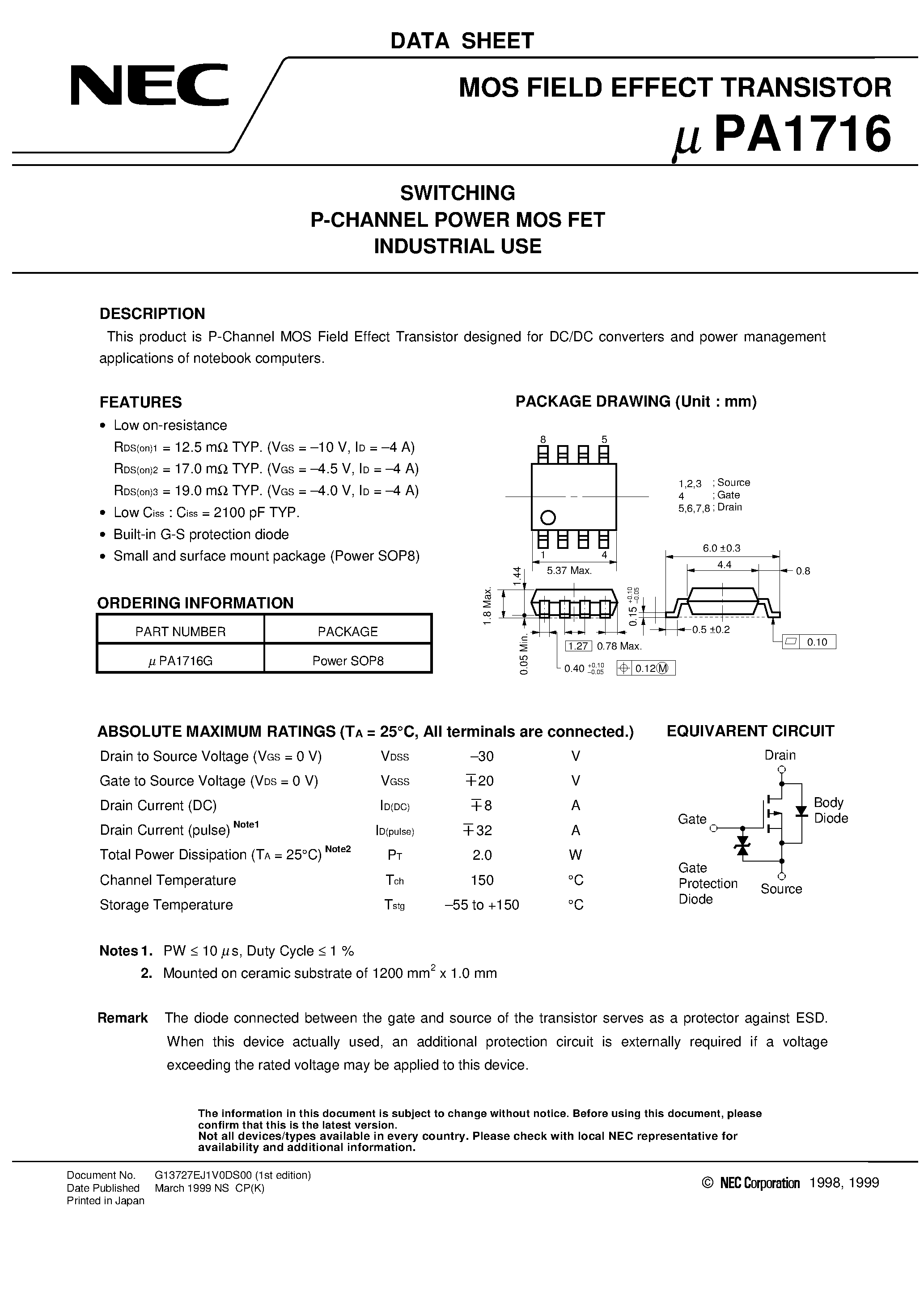 Datasheet UPA1716 - SWITCHING P-CHANNEL POWER MOS FET INDUSTRIAL USE page 1