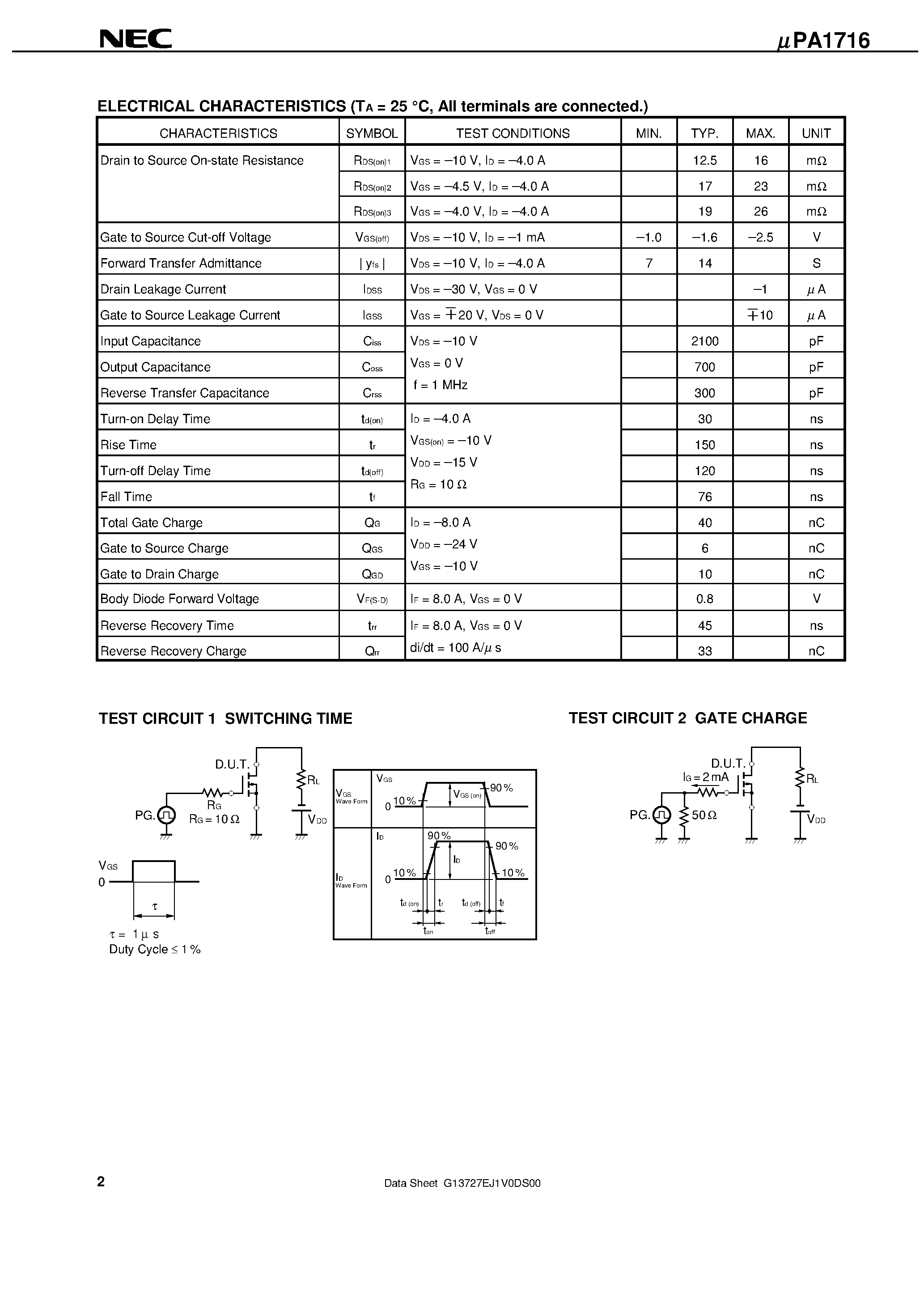 Datasheet UPA1716 - SWITCHING P-CHANNEL POWER MOS FET INDUSTRIAL USE page 2