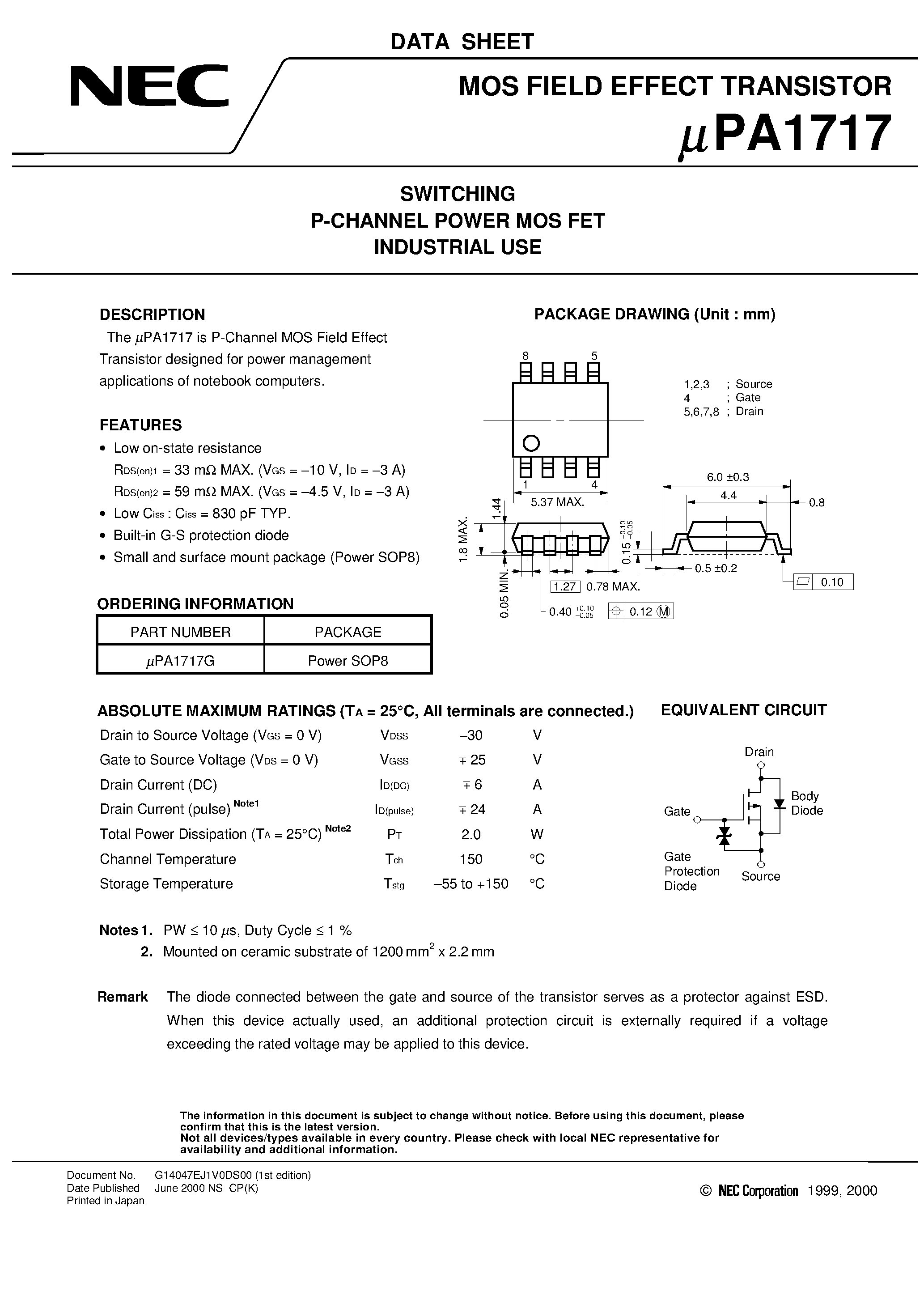 Datasheet UPA1717 - SWITCHING P-CHANNEL POWER MOS FET INDUSTRIAL USE page 1