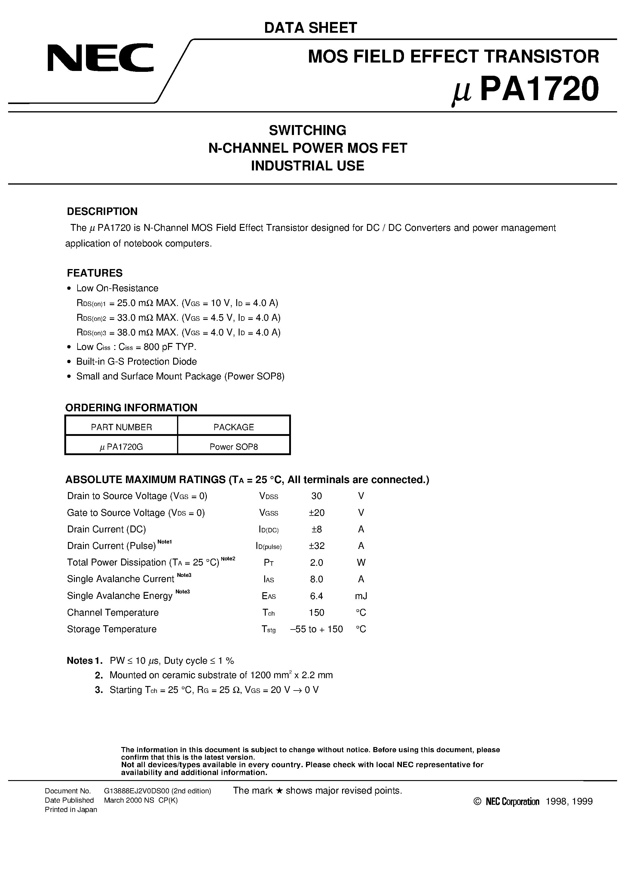 Datasheet UPA1720 page 1 Datasheet UPA1720 - SWITCHING N-CHANNEL POWER MOS FET INDUSTRIAL USE page 1