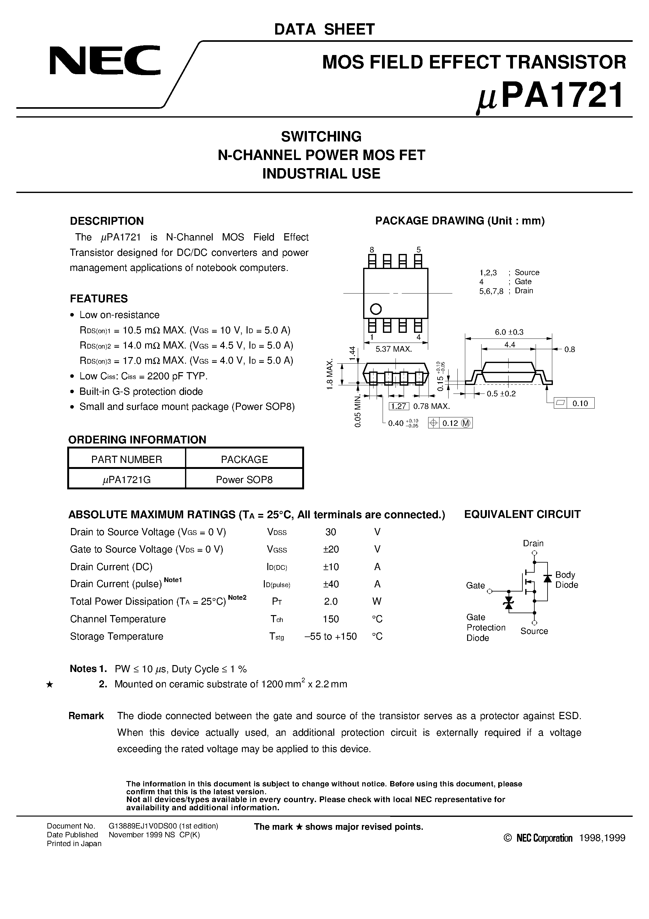 Datasheet UPA1721 page 1 Datasheet UPA1721 - SWITCHING N-CHANNEL POWER MOS FET INDUSTRIAL USE page 1