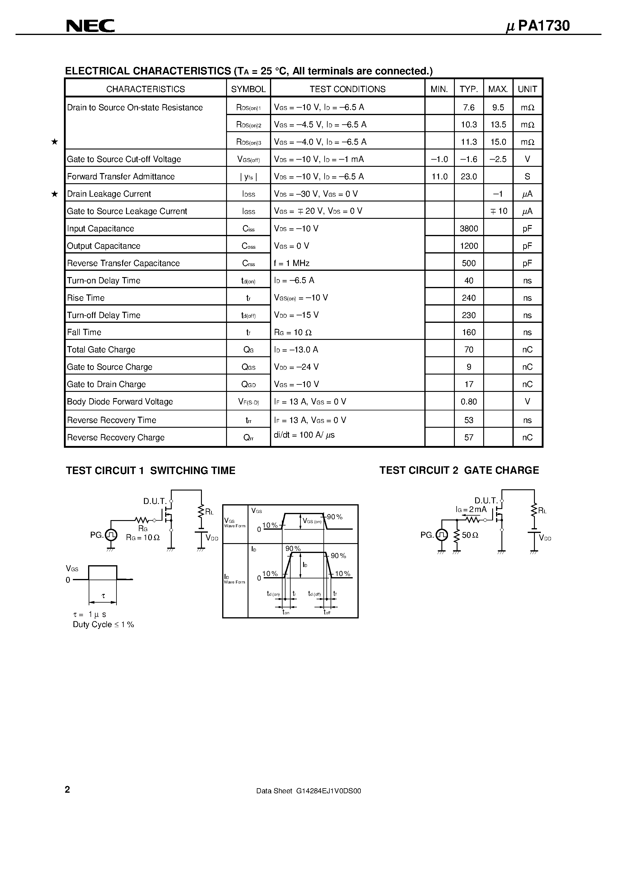 Datasheet UPA1730 - SWITCHING P-CHANNEL POWER MOS FET INDUSTRIAL USE page 2