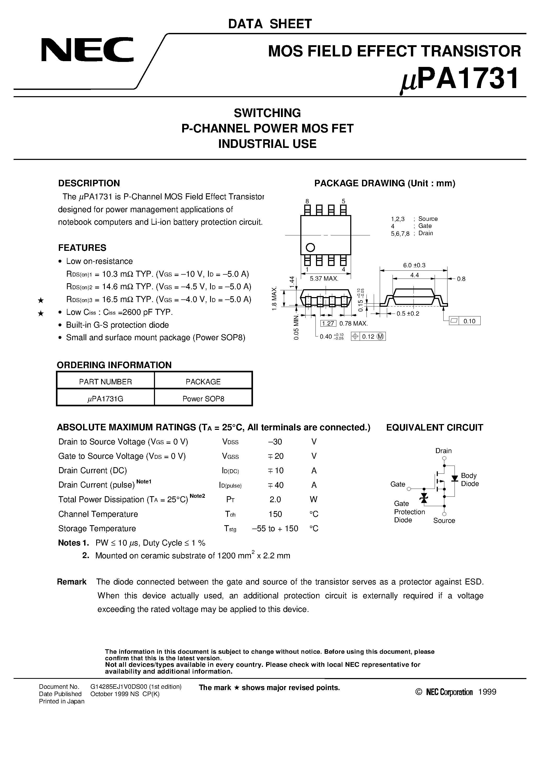 Datasheet UPA1731 - SWITCHING P-CHANNEL POWER MOS FET INDUSTRIAL USE page 1