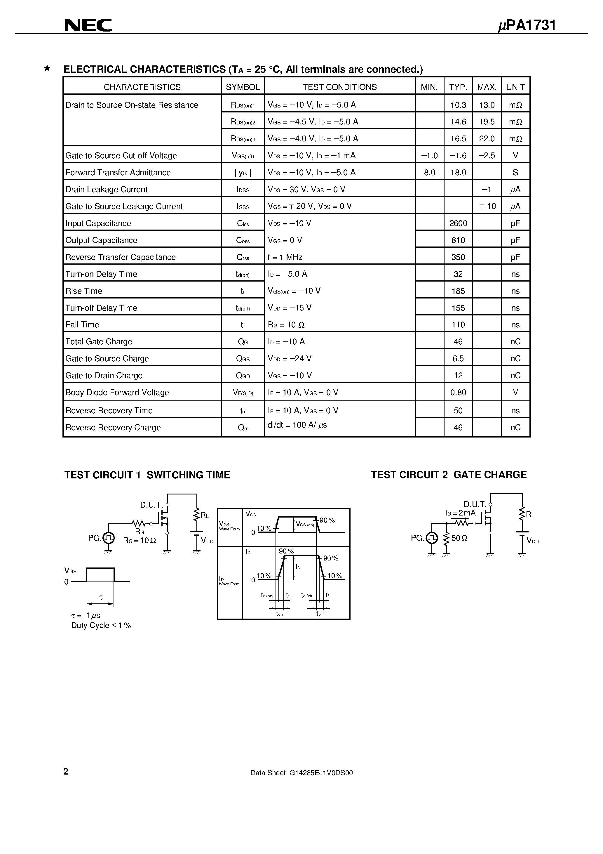 Datasheet UPA1731 - SWITCHING P-CHANNEL POWER MOS FET INDUSTRIAL USE page 2