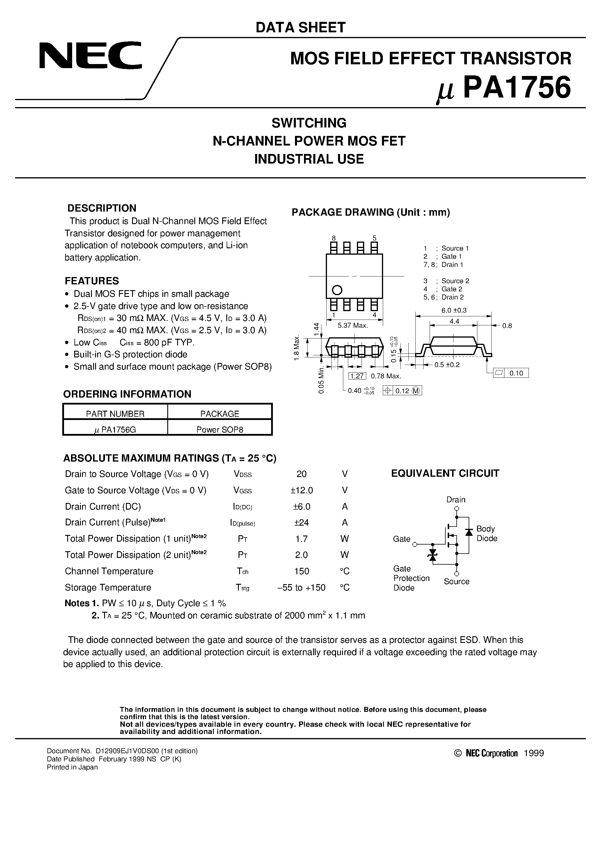 Datasheet UPA1756 - SWITCHING N-CHANNEL POWER MOS FET INDUSTRIAL USE page 1