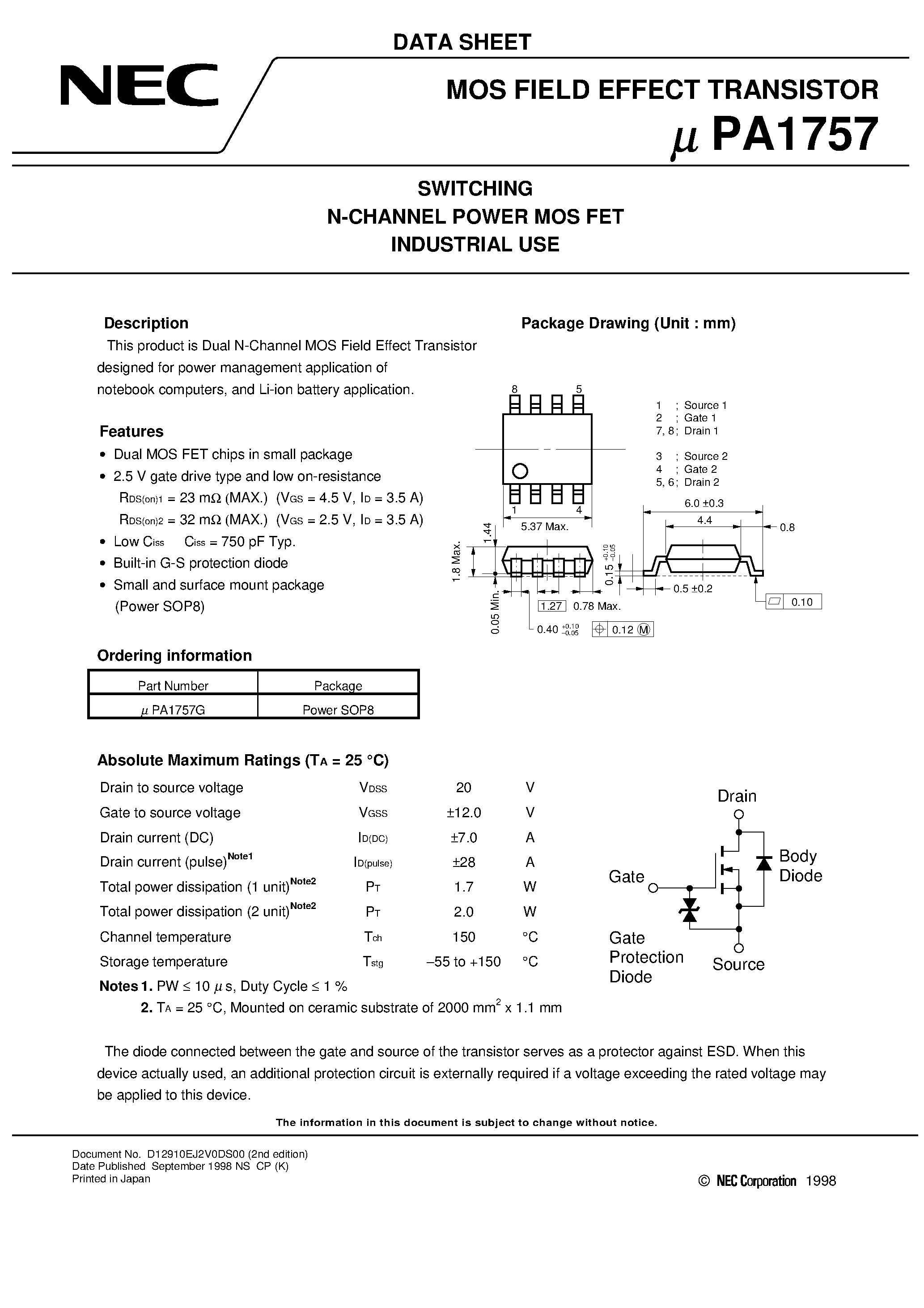 Datasheet UPA1757 - SWITCHING N-CHANNEL POWER MOS FET INDUSTRIAL USE page 1