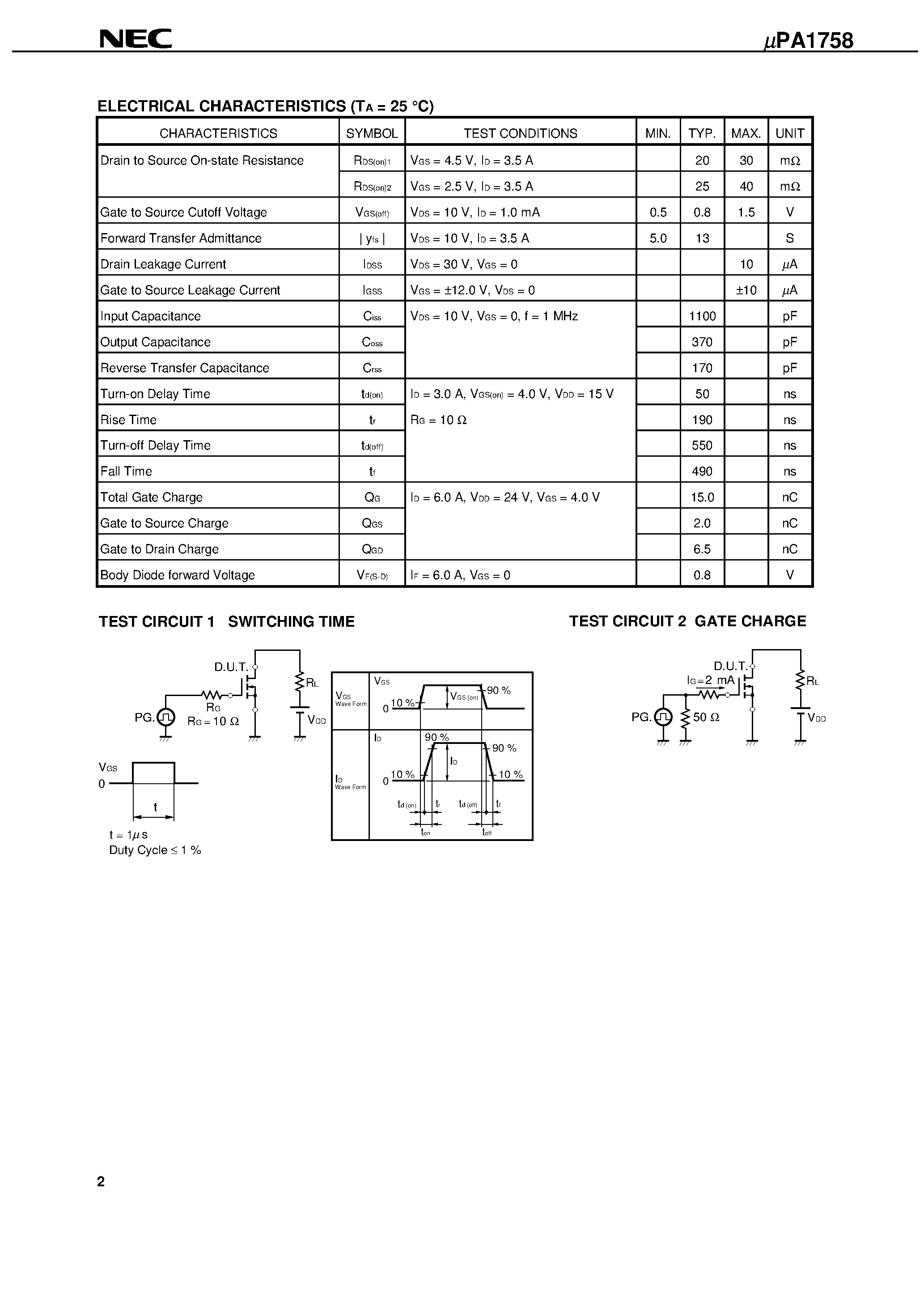Даташит UPA1758 - SWITCHING N-CHANNEL POWER MOS FET INDUSTRIAL USE страница 2