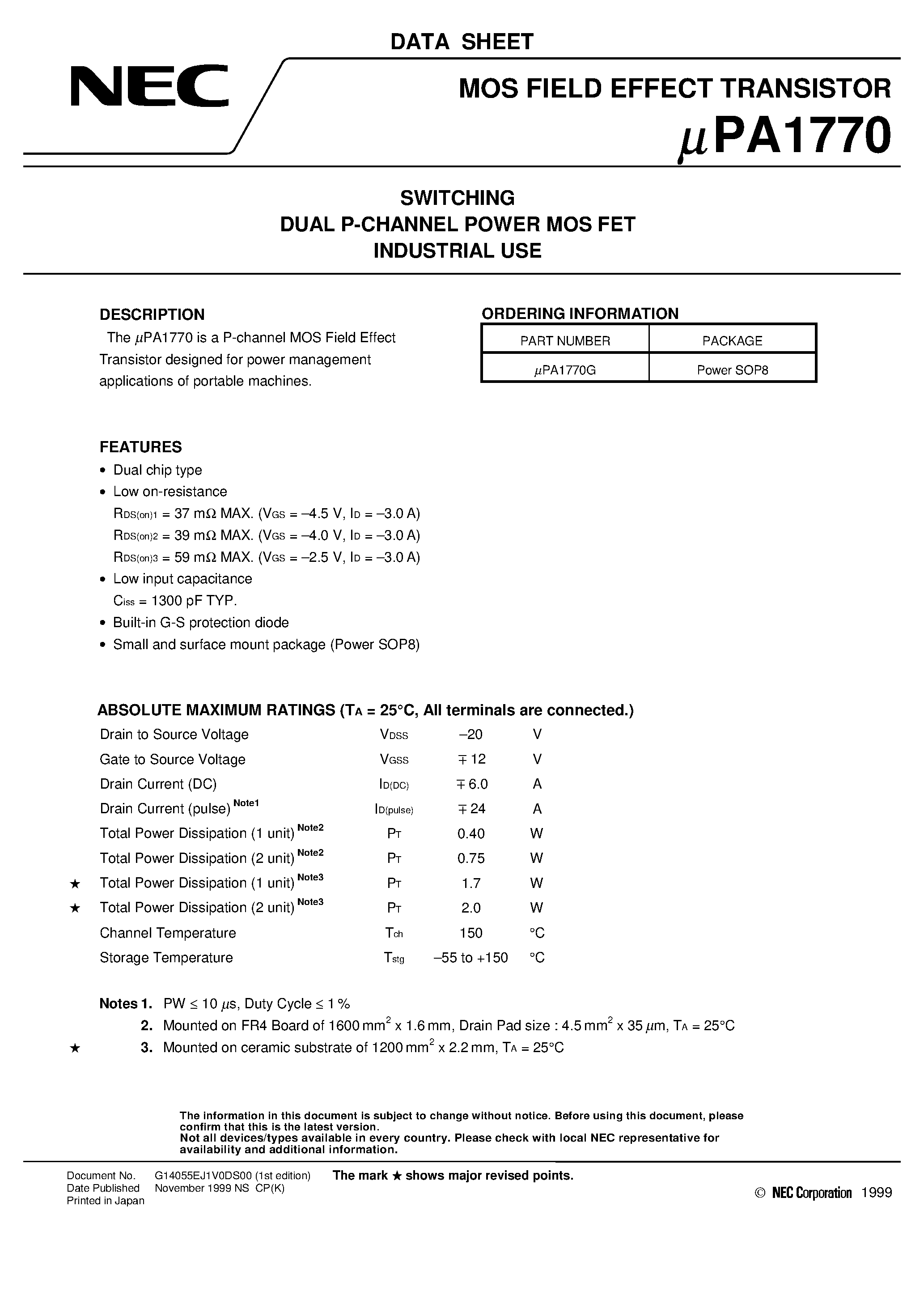 Datasheet UPA1770 page 1 Datasheet UPA1770 - SWITCHING DUAL P-CHANNEL POWER MOS FET INDUSTRIAL USE page 1