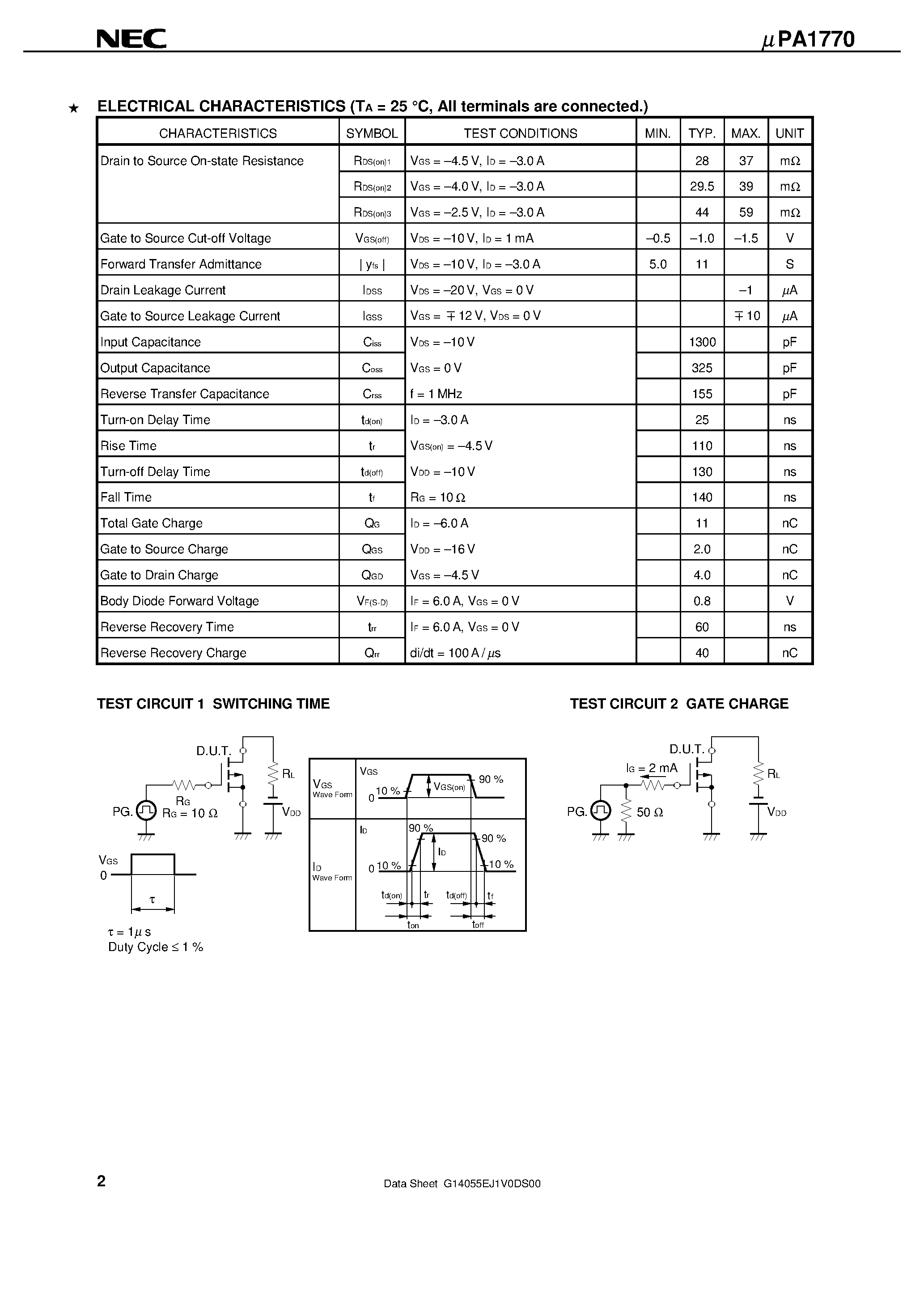 Datasheet UPA1770 page 2 Datasheet UPA1770 - SWITCHING DUAL P-CHANNEL POWER MOS FET INDUSTRIAL USE page 2
