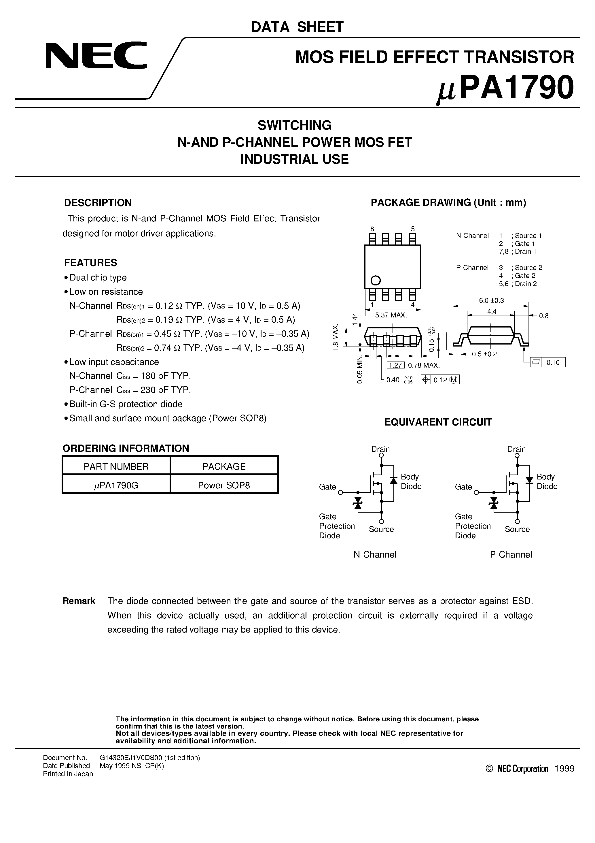 Datasheet UPA1790 - SWITCHING N-AND P-CHANNEL POWER MOS FET INDUSTRIAL USE page 1